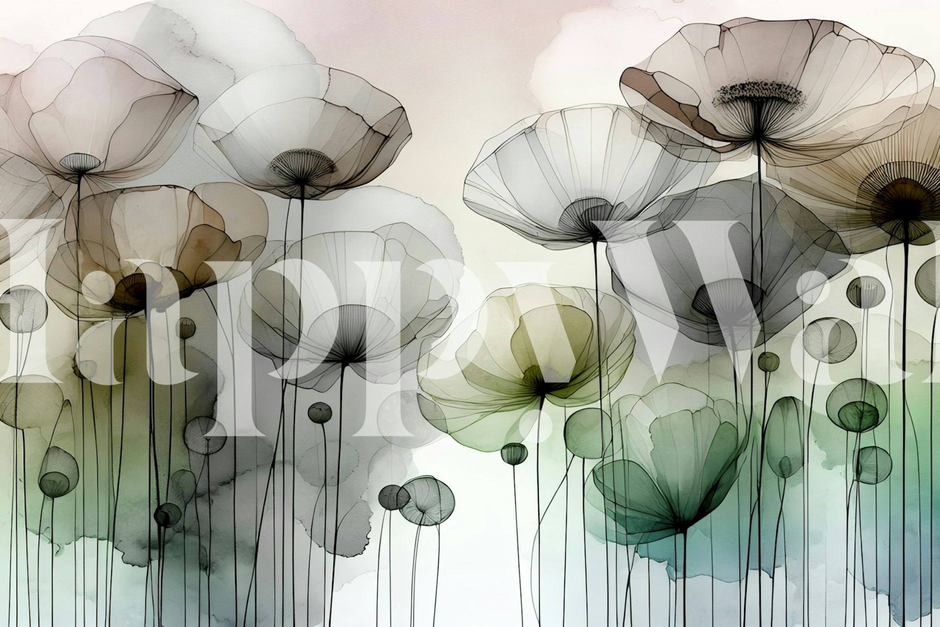 Ink Wash Flower Field wallpaper in a room