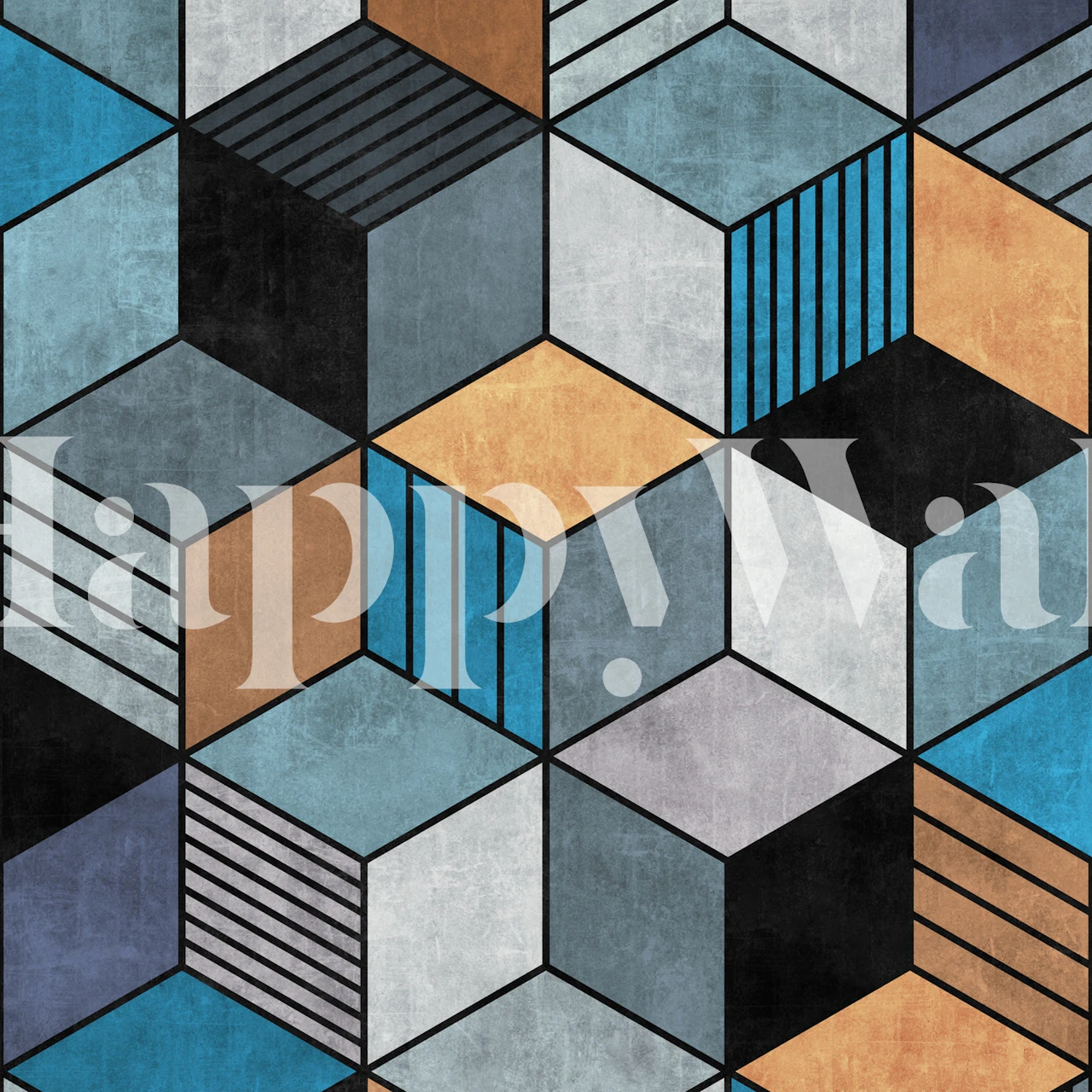 Colorful geometric cubes in blue, gray, and orange wallpaper