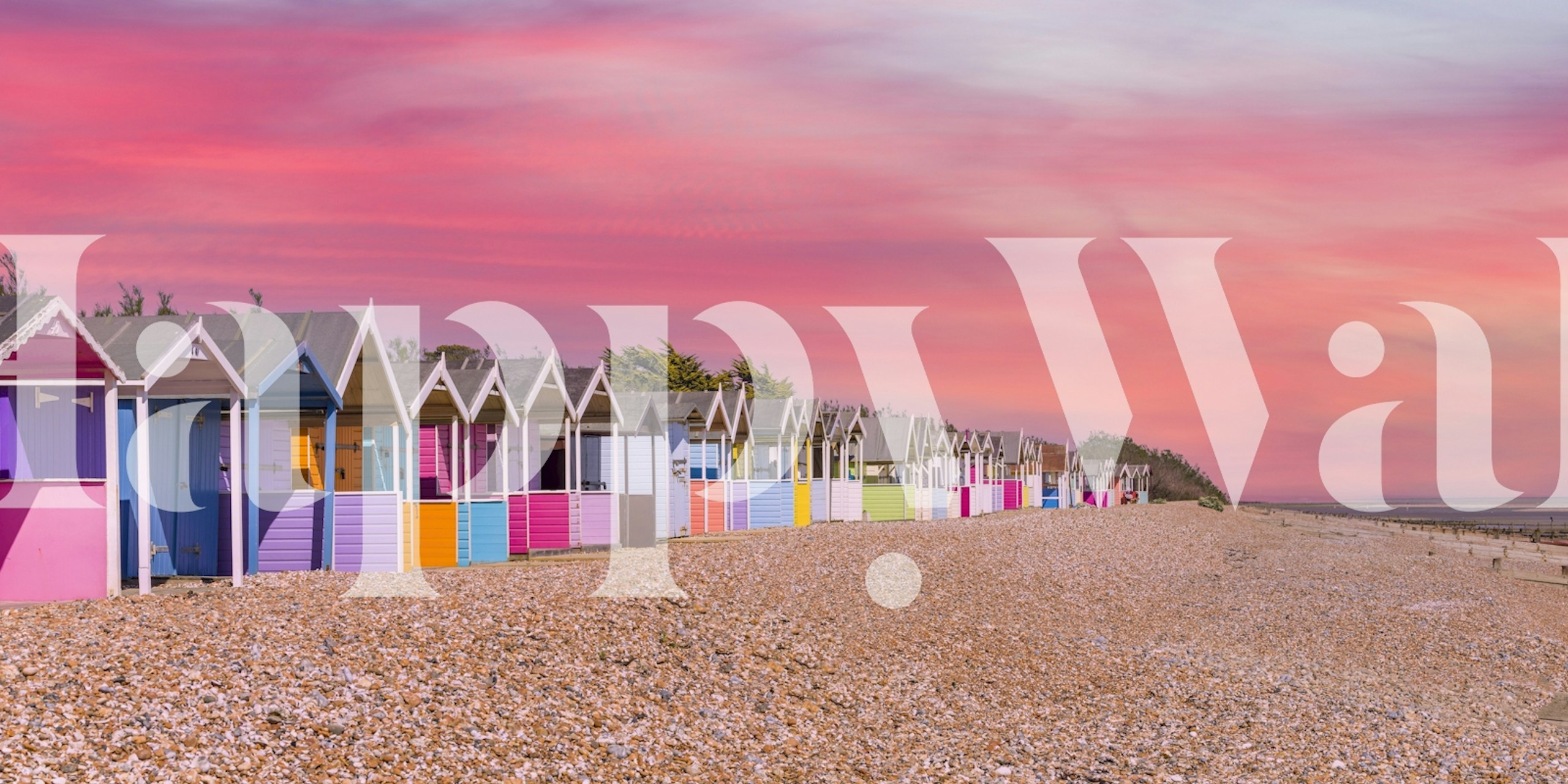 Colorful beach huts with pastel shades under a pink sky wallpaper