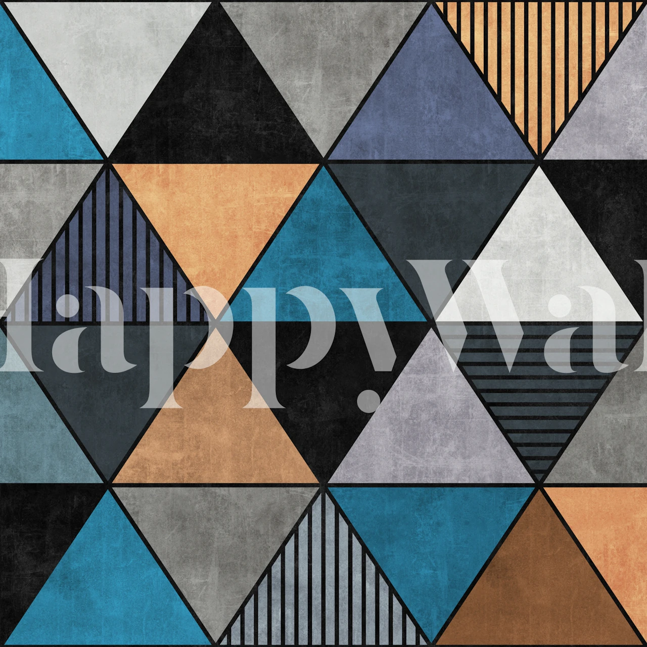 Geometric triangles in black, blue, gray, copper patterns wallpaper