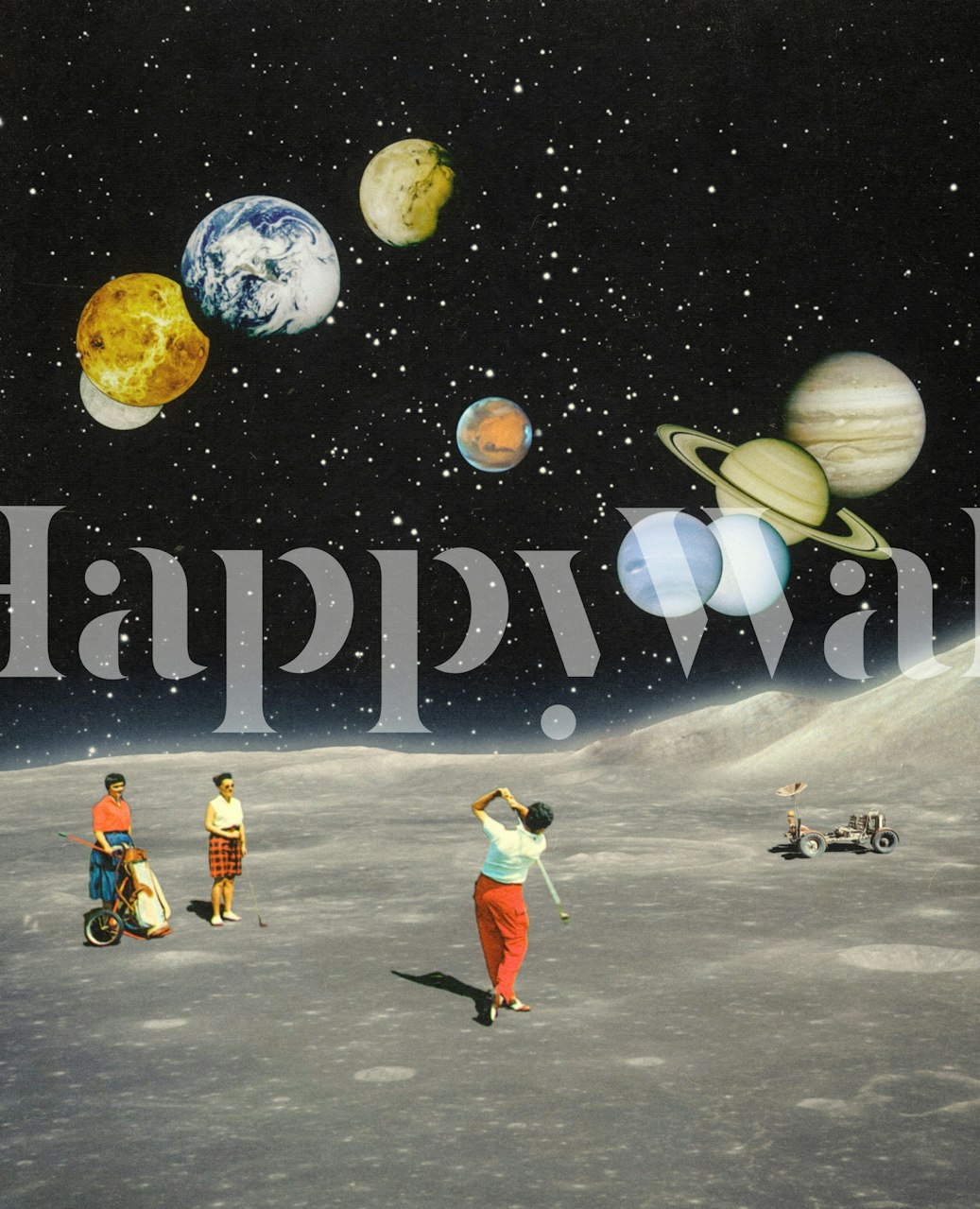 Golfers on moon under planets in space wallpaper