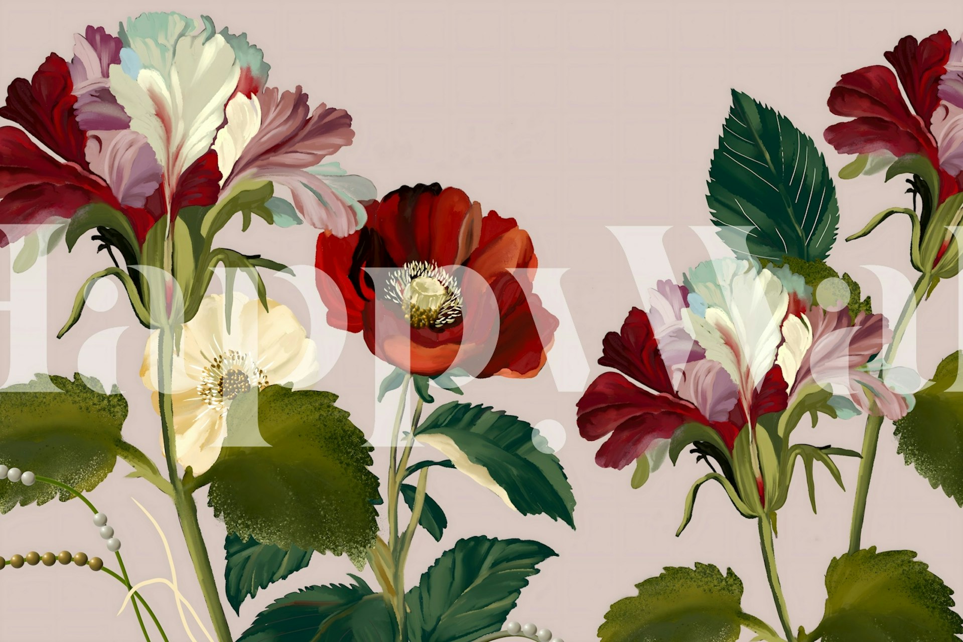 Red and white floral patterns with green leaves on pink wallpaper