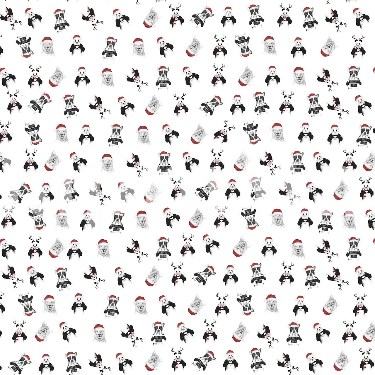 Black and white Christmas pattern wallpaper featuring Santa and reindeer
