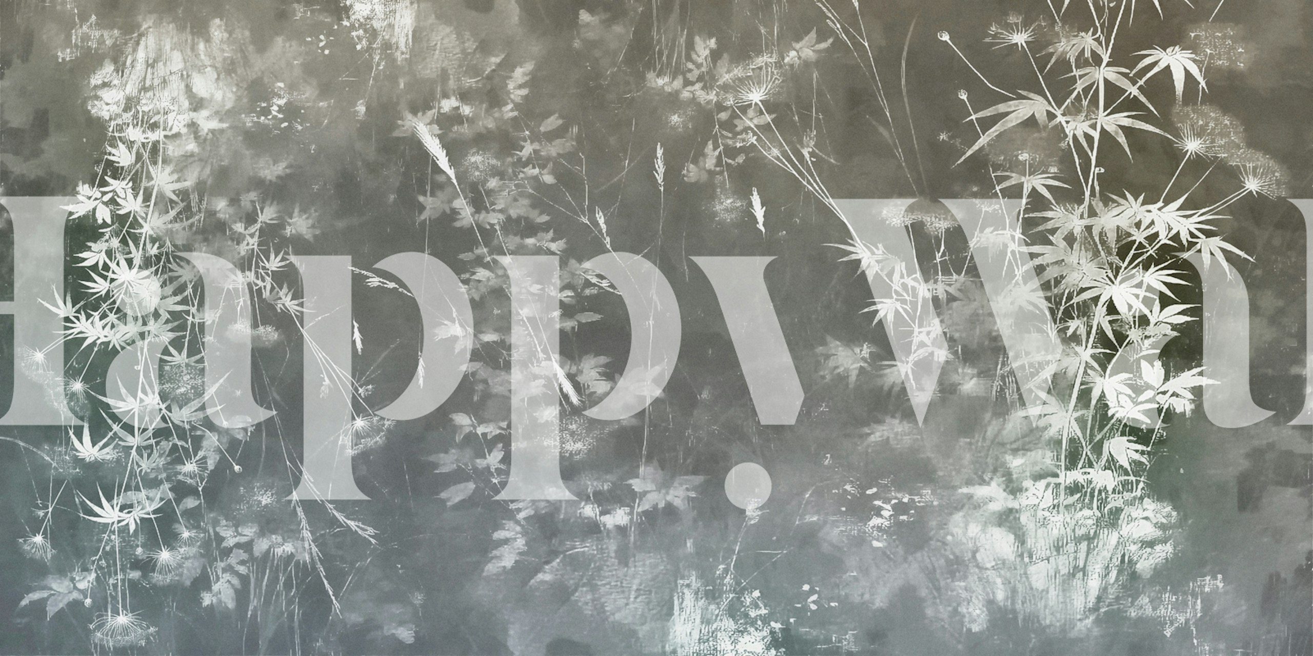 Gray and white floral botanical wallpaper with delicate plants