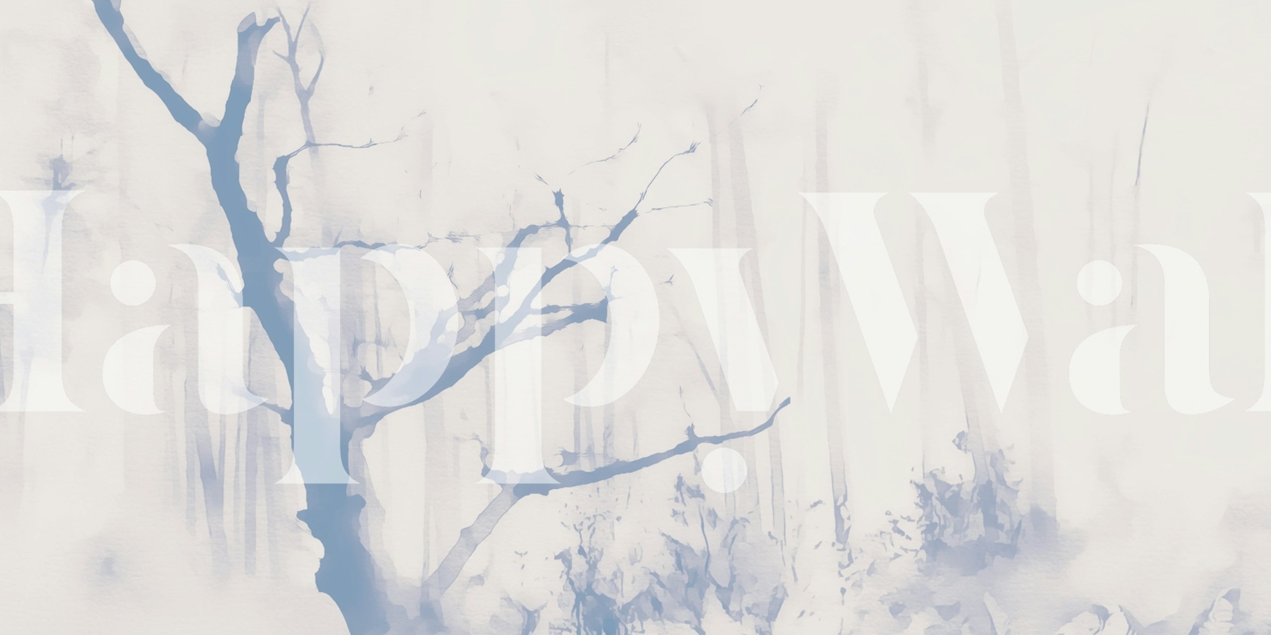 Monochrome forest wallpaper featuring soft blue branches on a light background