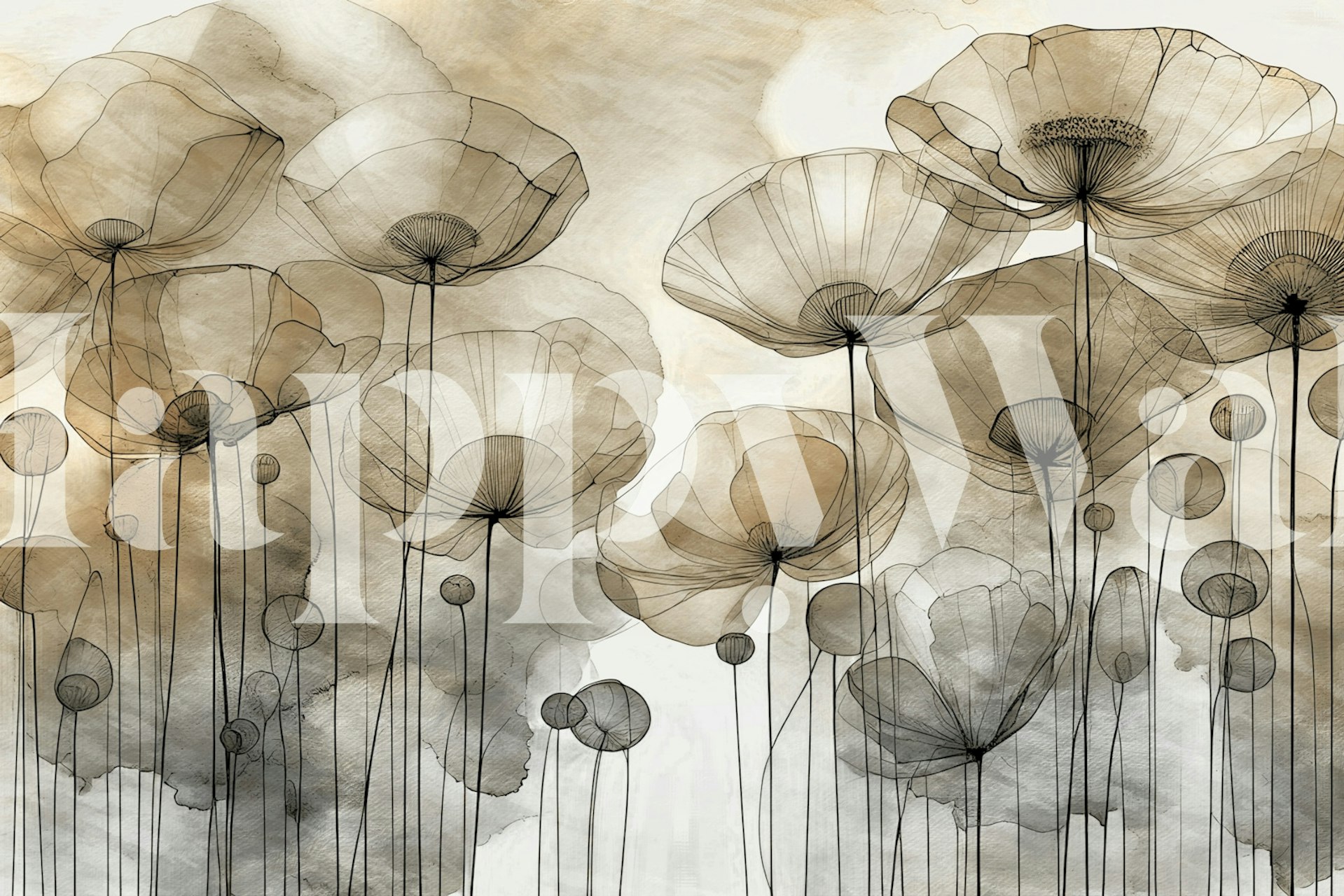 Whimsical floral line art design in earthy tones wallpaper