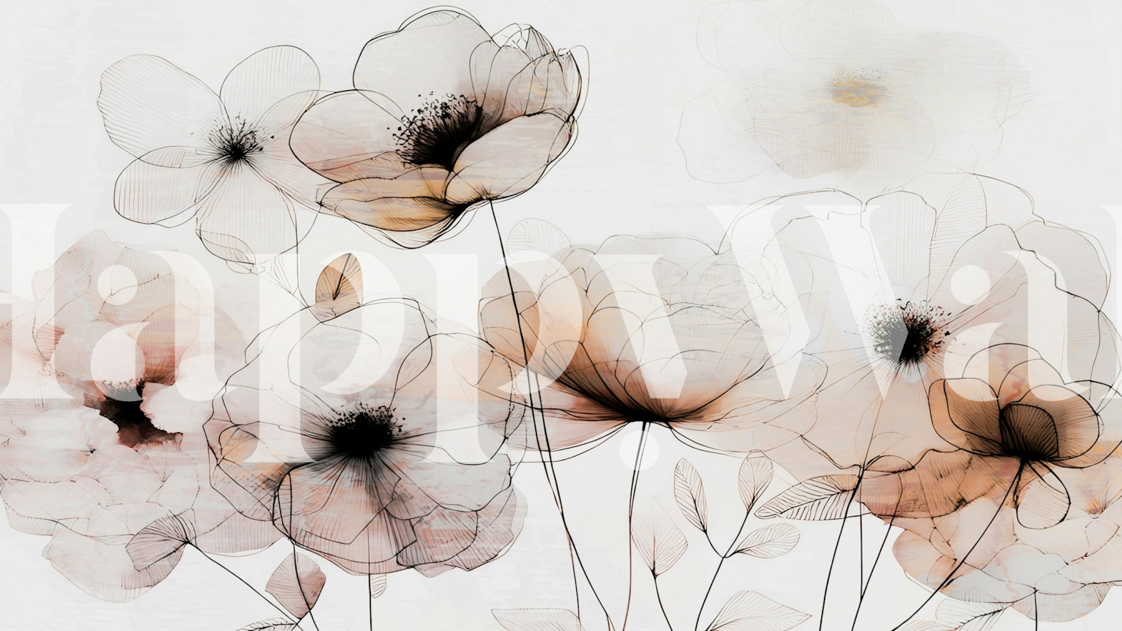Sketches of soft neutral flowers with black outlines wallpaper