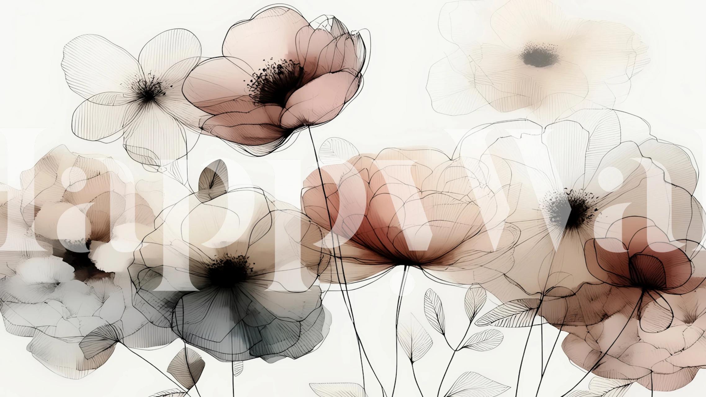 Delicate line-drawn pastel floral wallpaper