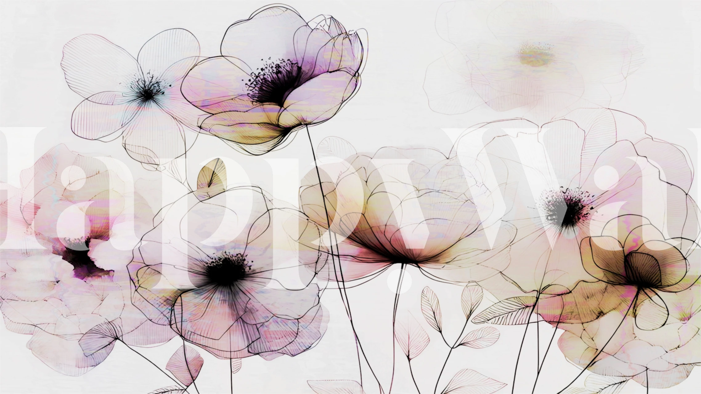Delicate floral designs in soft pink, white and black outline wallpaper