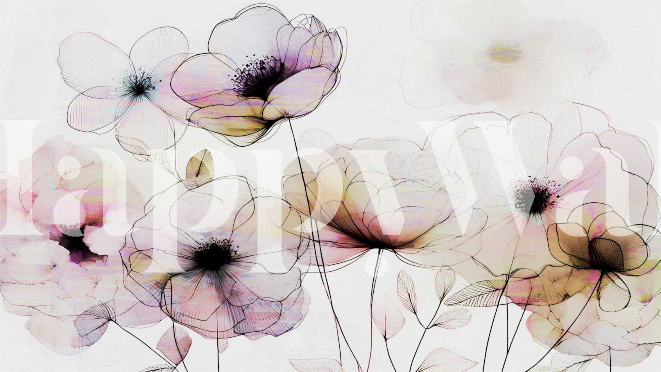 Delicate floral designs in soft pink, white and black outline wallpaper