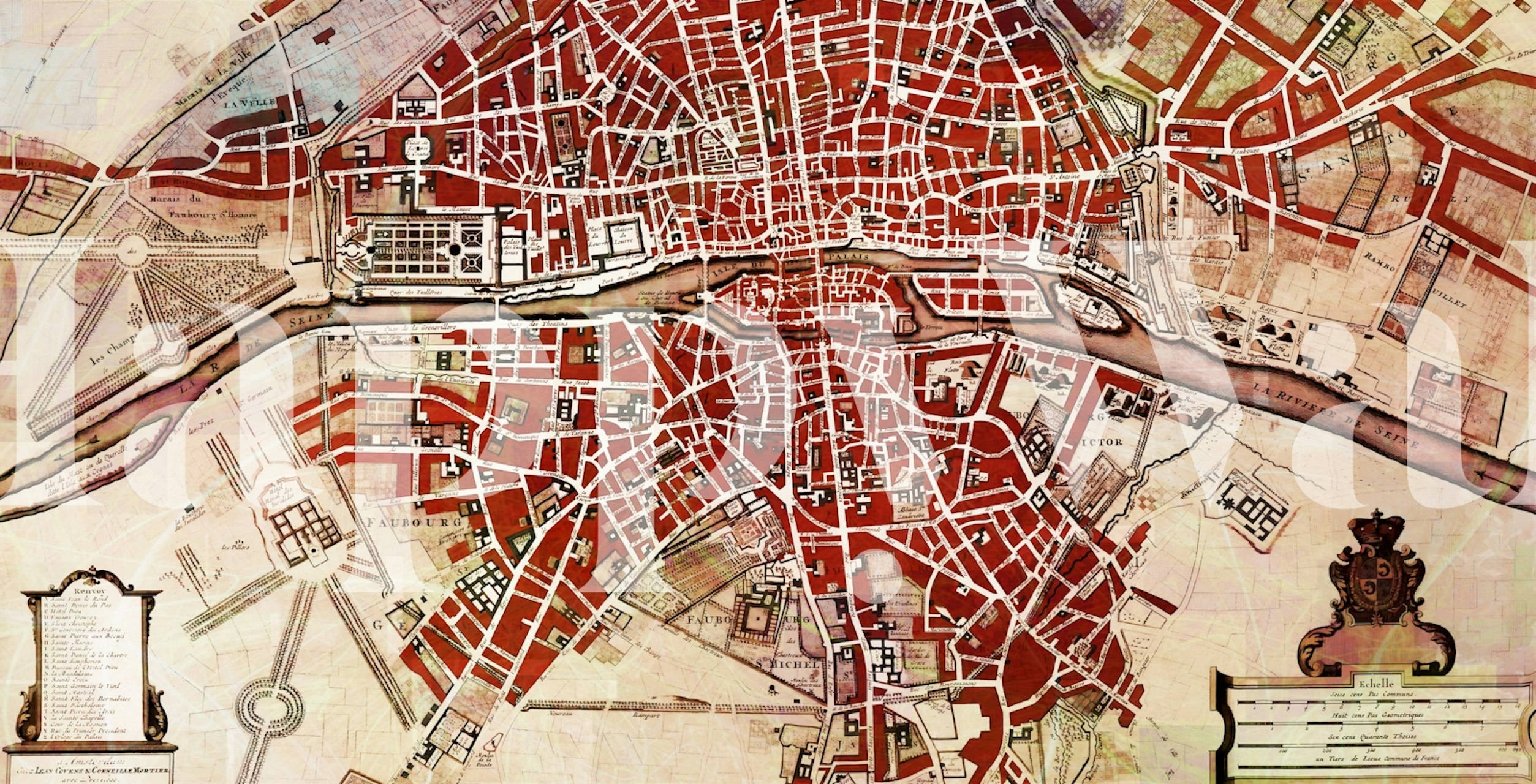 Vintage Paris map wallpaper featuring red and beige tones, intricate details, and an antique style.