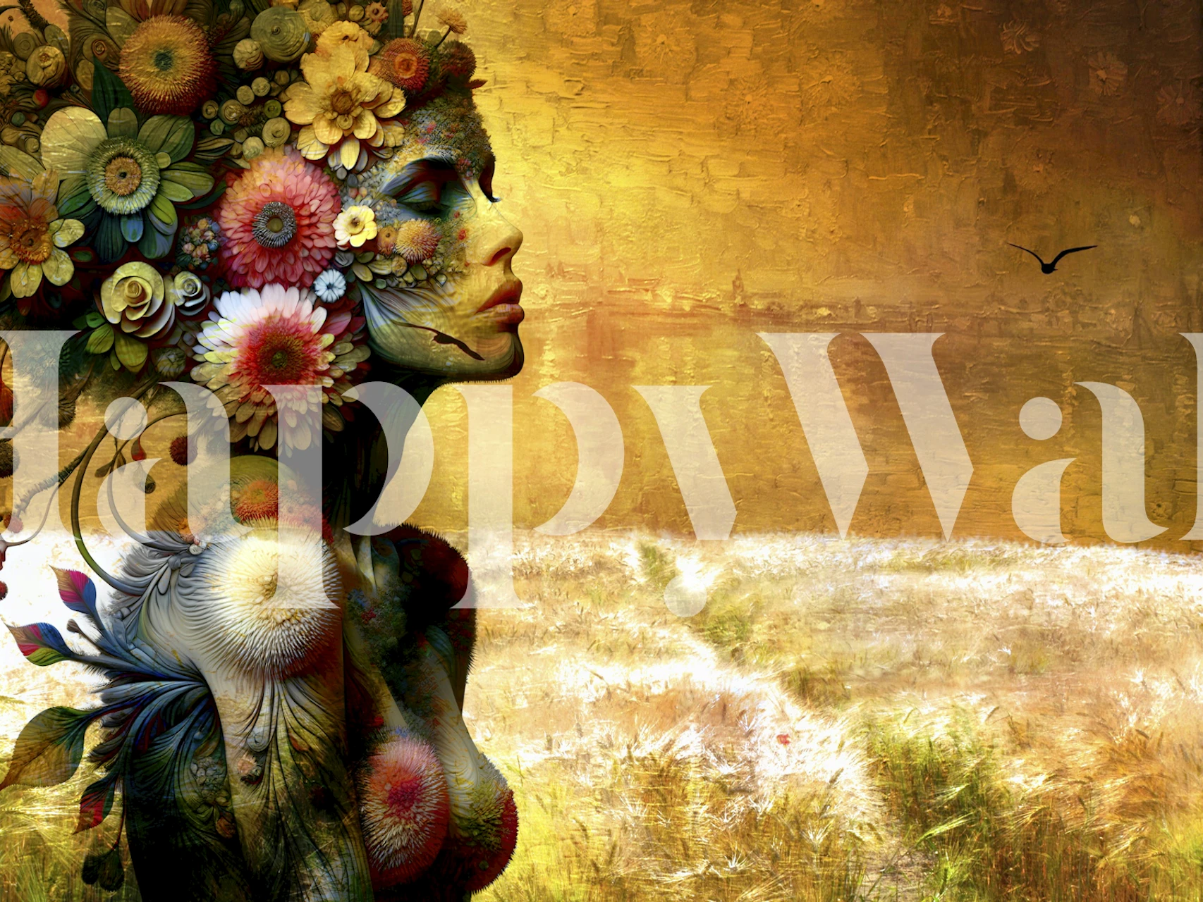 Colorful floral woman portrait with warm tones wallpaper