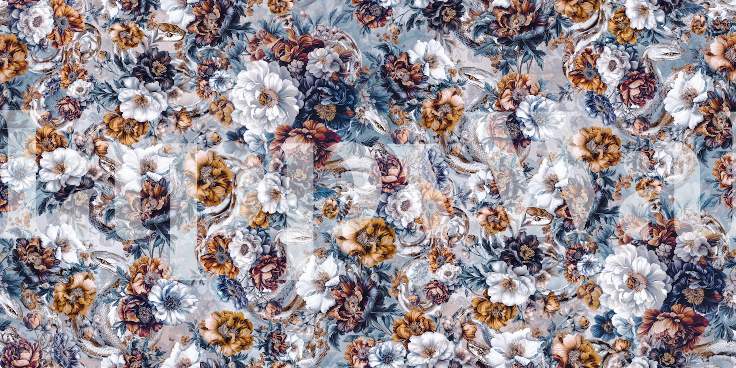 Bunte florale Blumenmuster Tapete in Blau, Rosa und Goldtönen