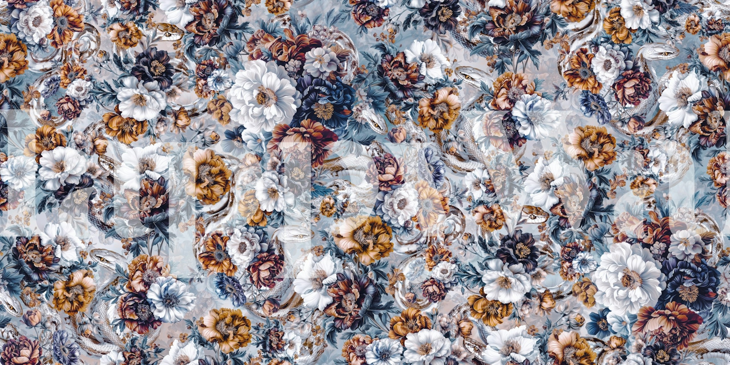 Intricate floral patterns featuring snakes in blue and earthy tones wallpaper
