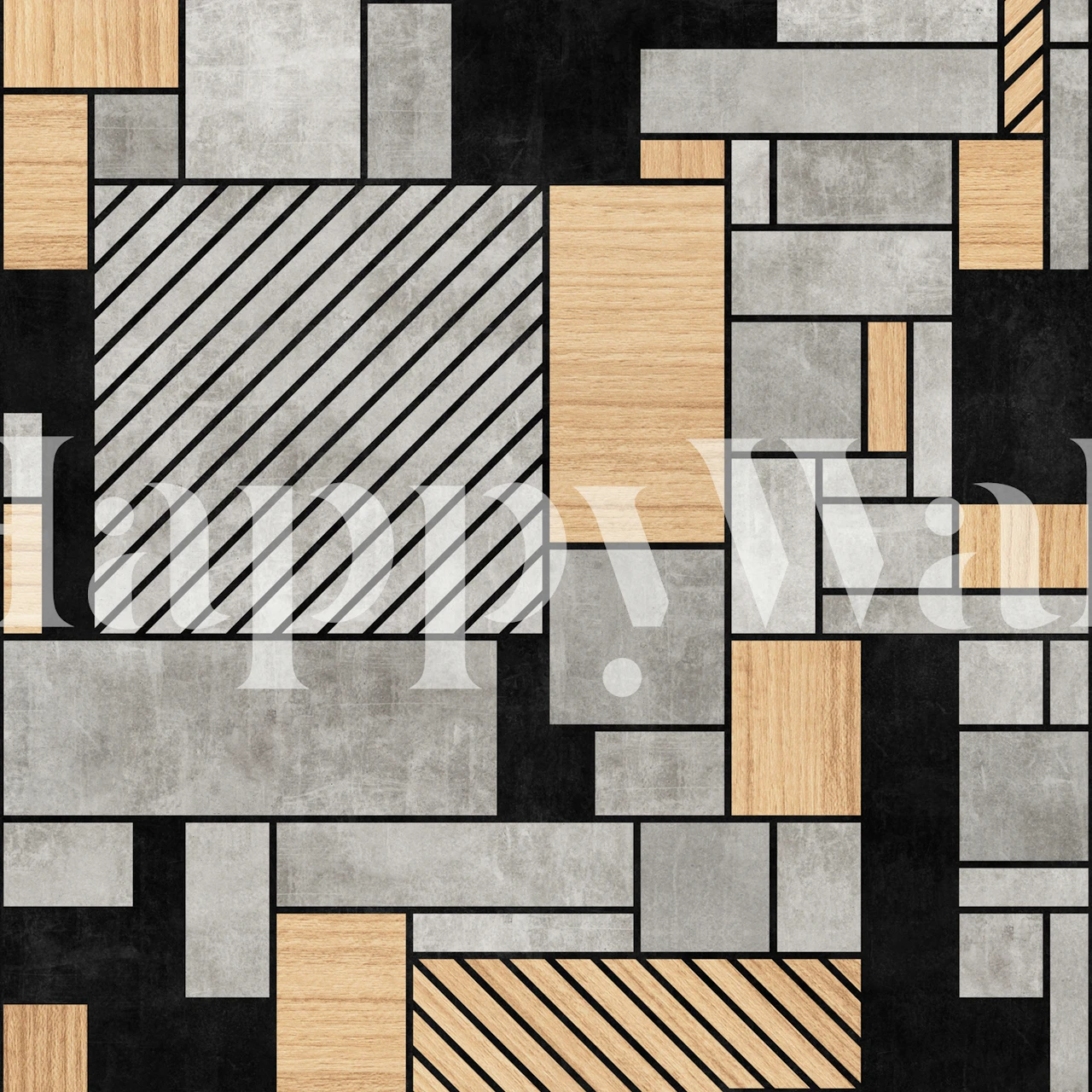 Abstract random pattern wall mural with concrete and wood textures for modern interiors