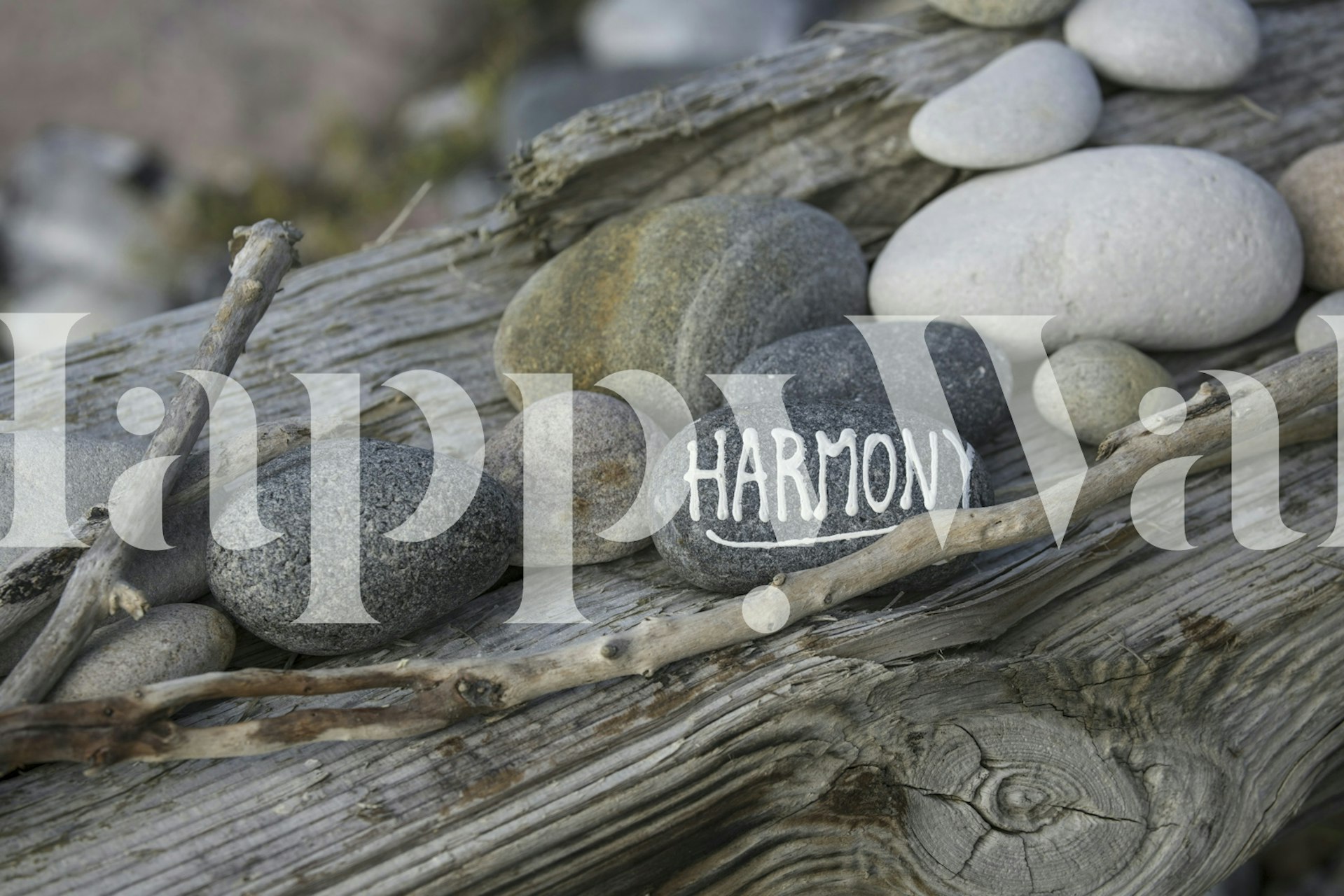 Zen Stone Harmony wallpaper with smooth grey stones and wood elements