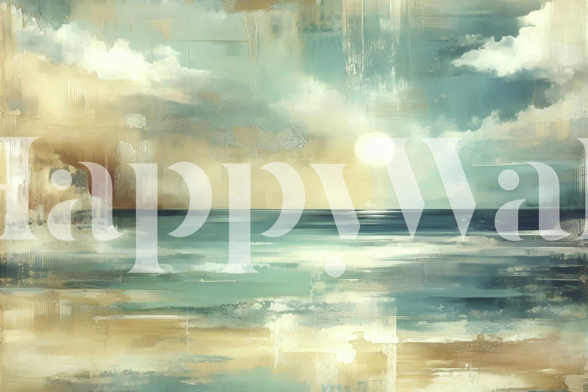 Abstract coastal scene featuring blue, gold, and white tones wallpaper