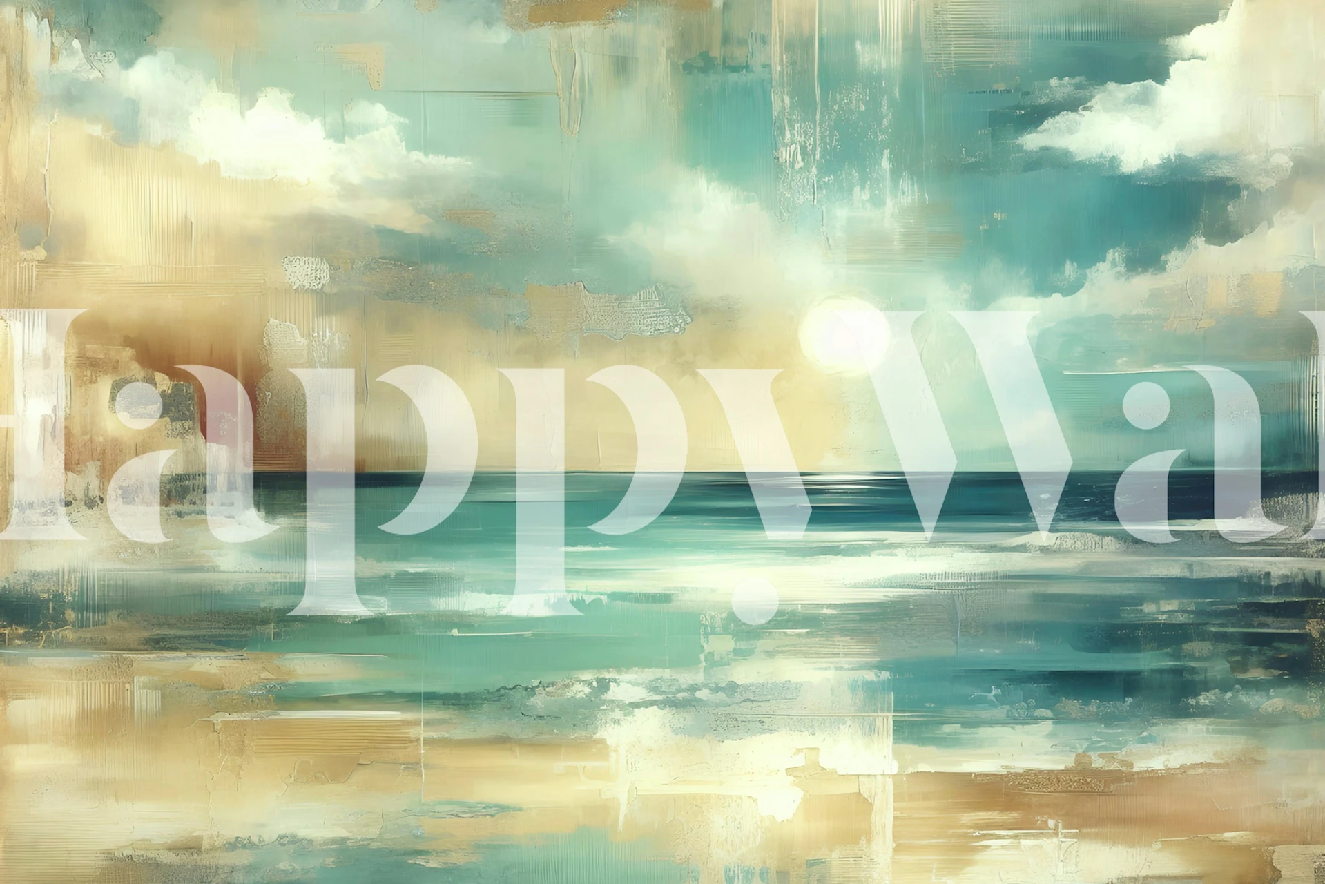 Abstract coastal scene featuring blue, gold, and white tones wallpaper