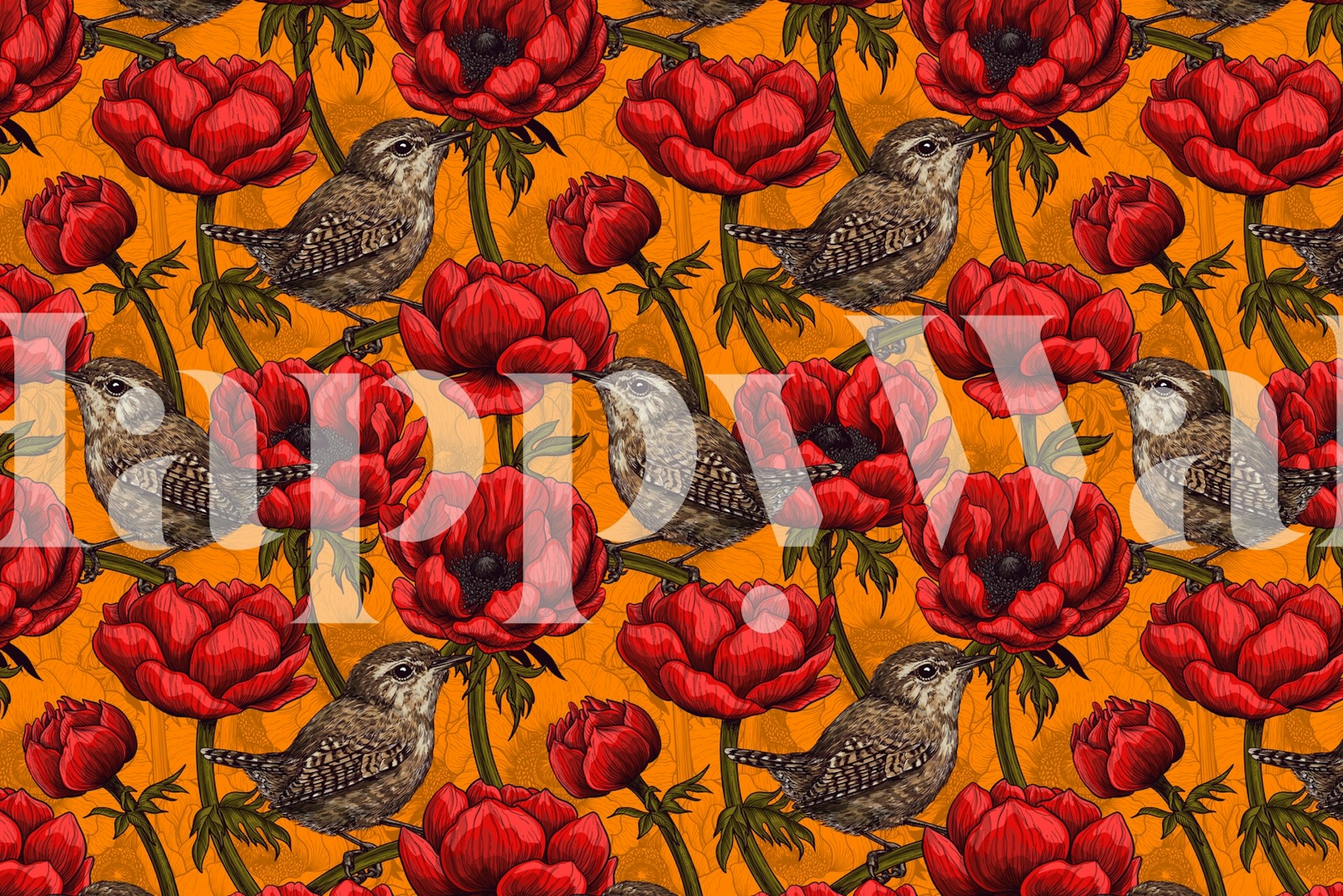 Wrens in a red anemone garden design della carta da parati