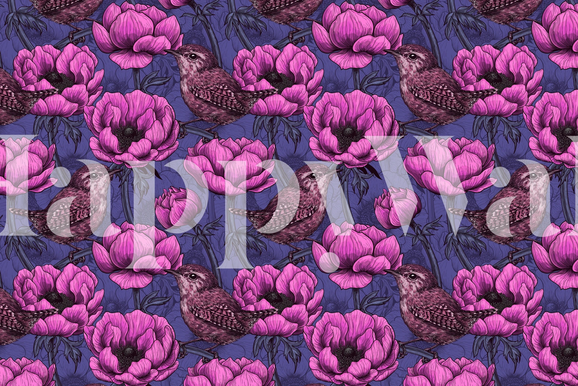 Wrens in anemone garden wallpaper design