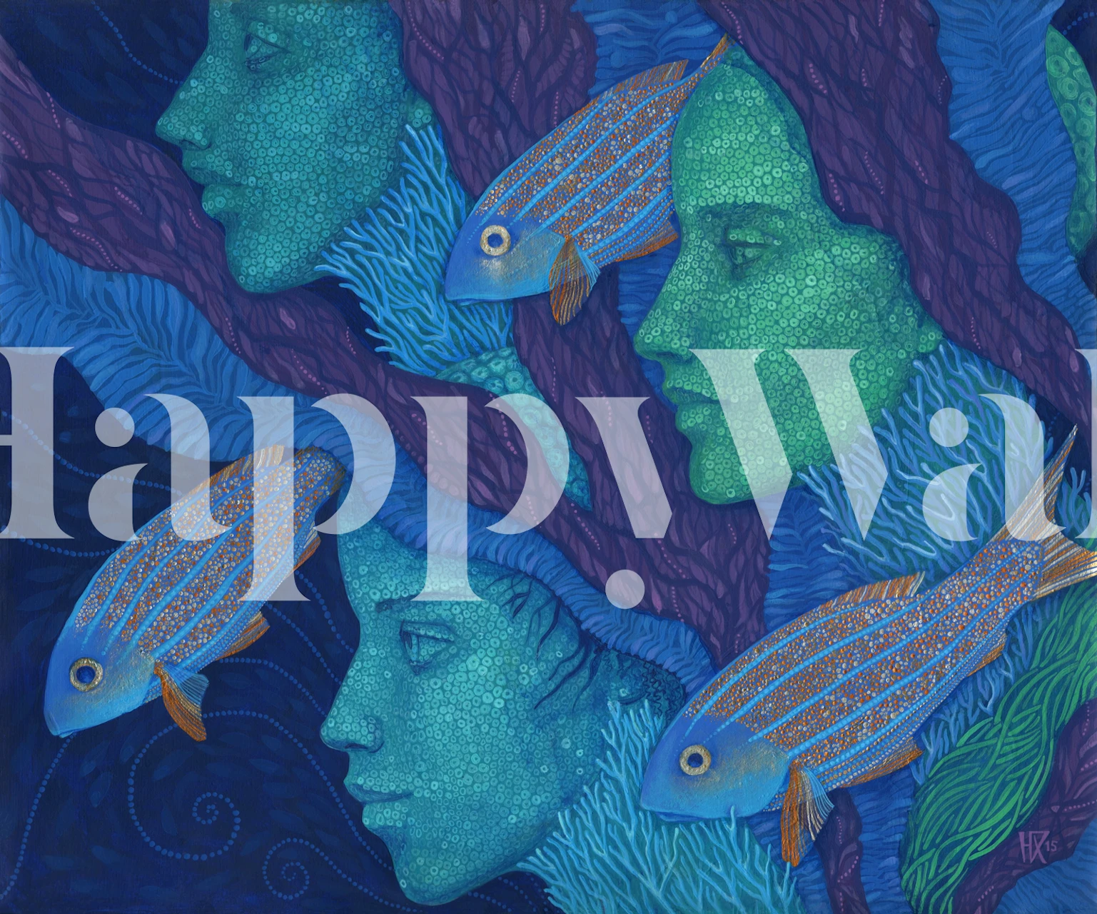 Mermaids and fish in vibrant blue and green colors wallpaper