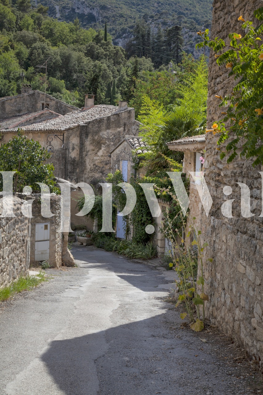 Narrow road lined with stone houses and greenery wallpaper