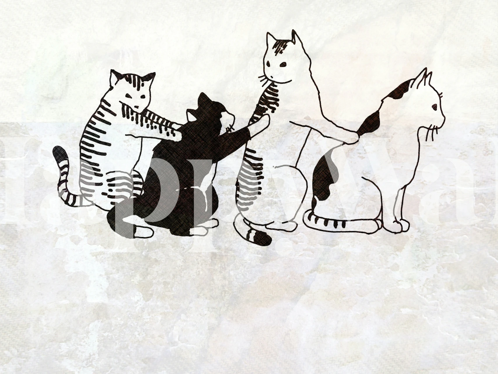 Four illustrated Japanese cats in black and white wallpaper
