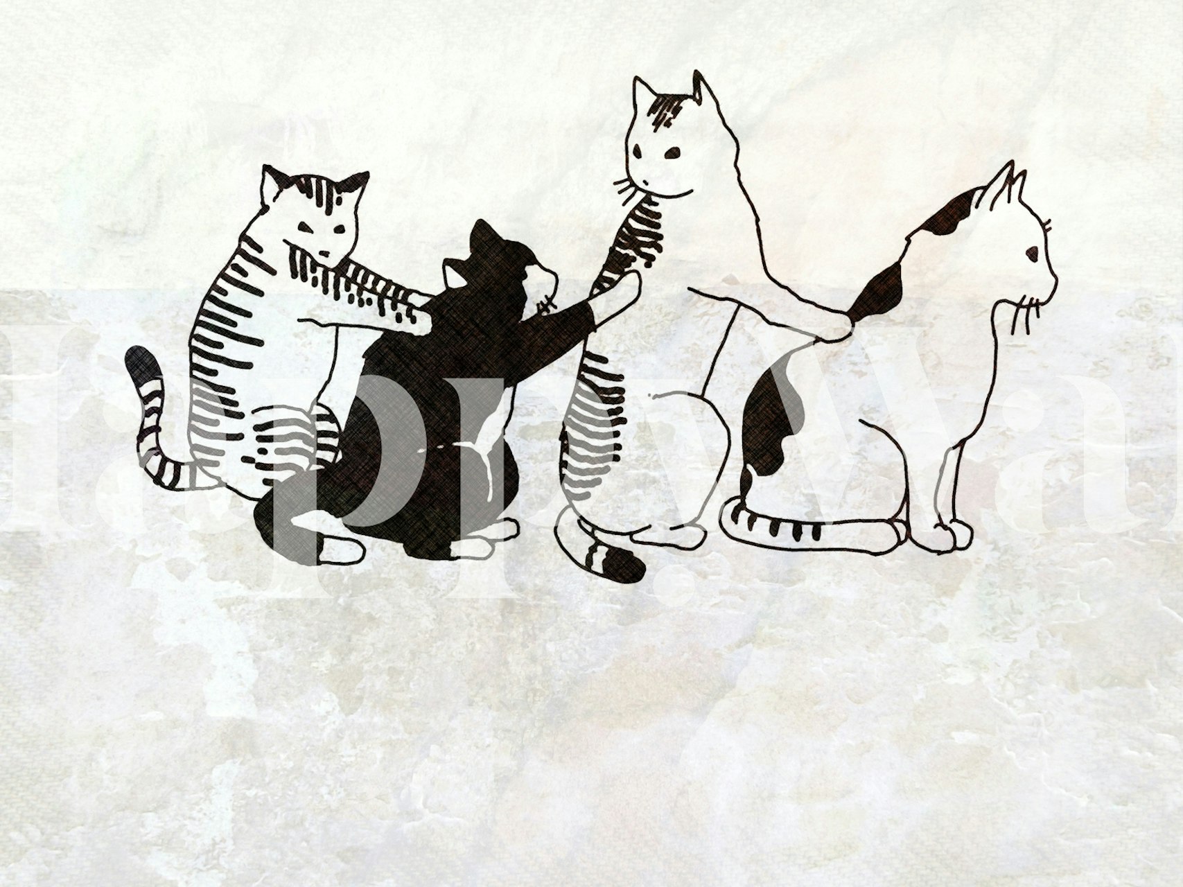Four illustrated Japanese cats in black and white wallpaper