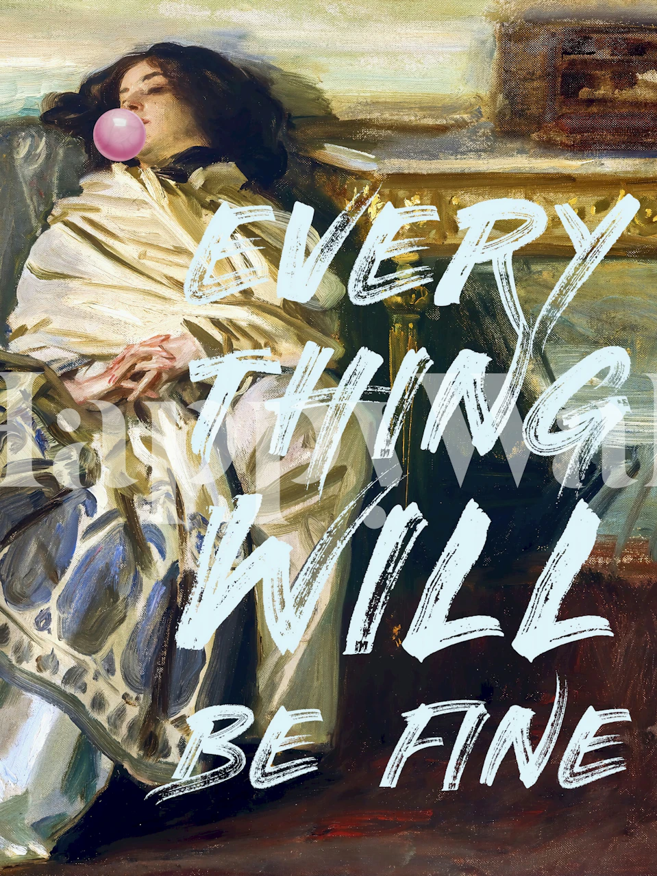Artistic wallpaper with a reclining woman, pastel colors, and text saying 'Everything Will Be Fine'