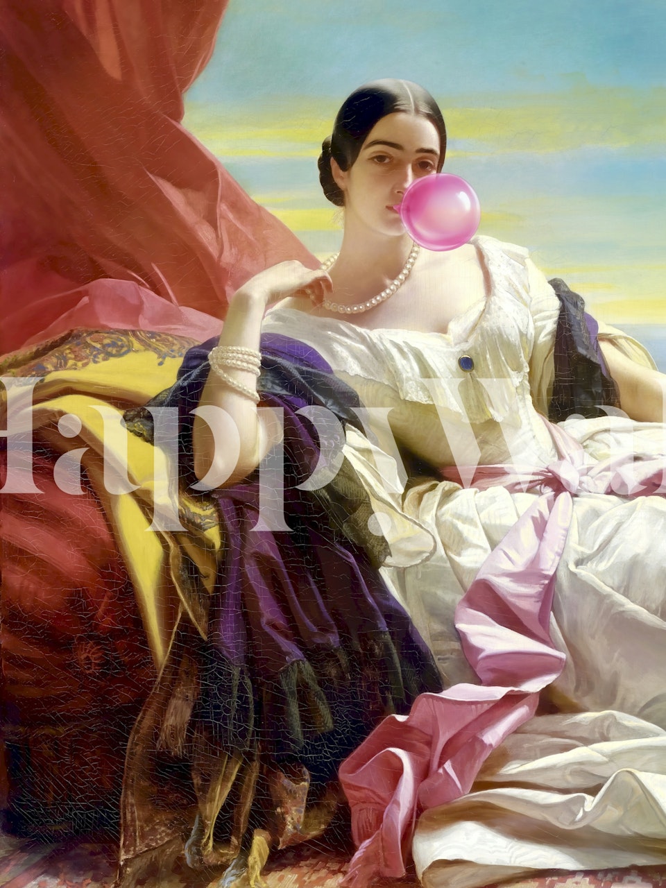 Vintage lady blowing bubble gum with pink and colorful drapes wallpaper