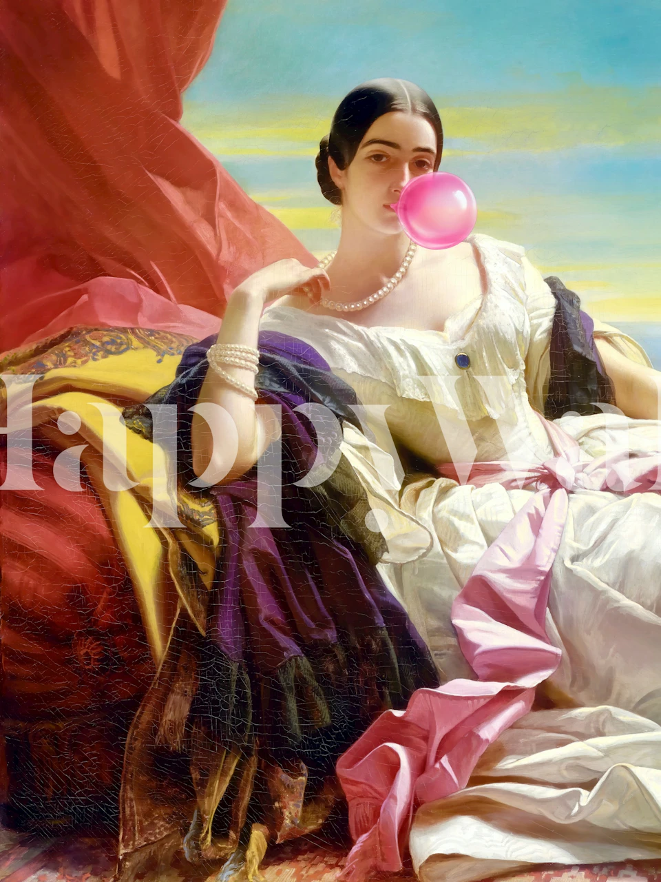 Vintage lady blowing bubble gum with pink and colorful drapes wallpaper