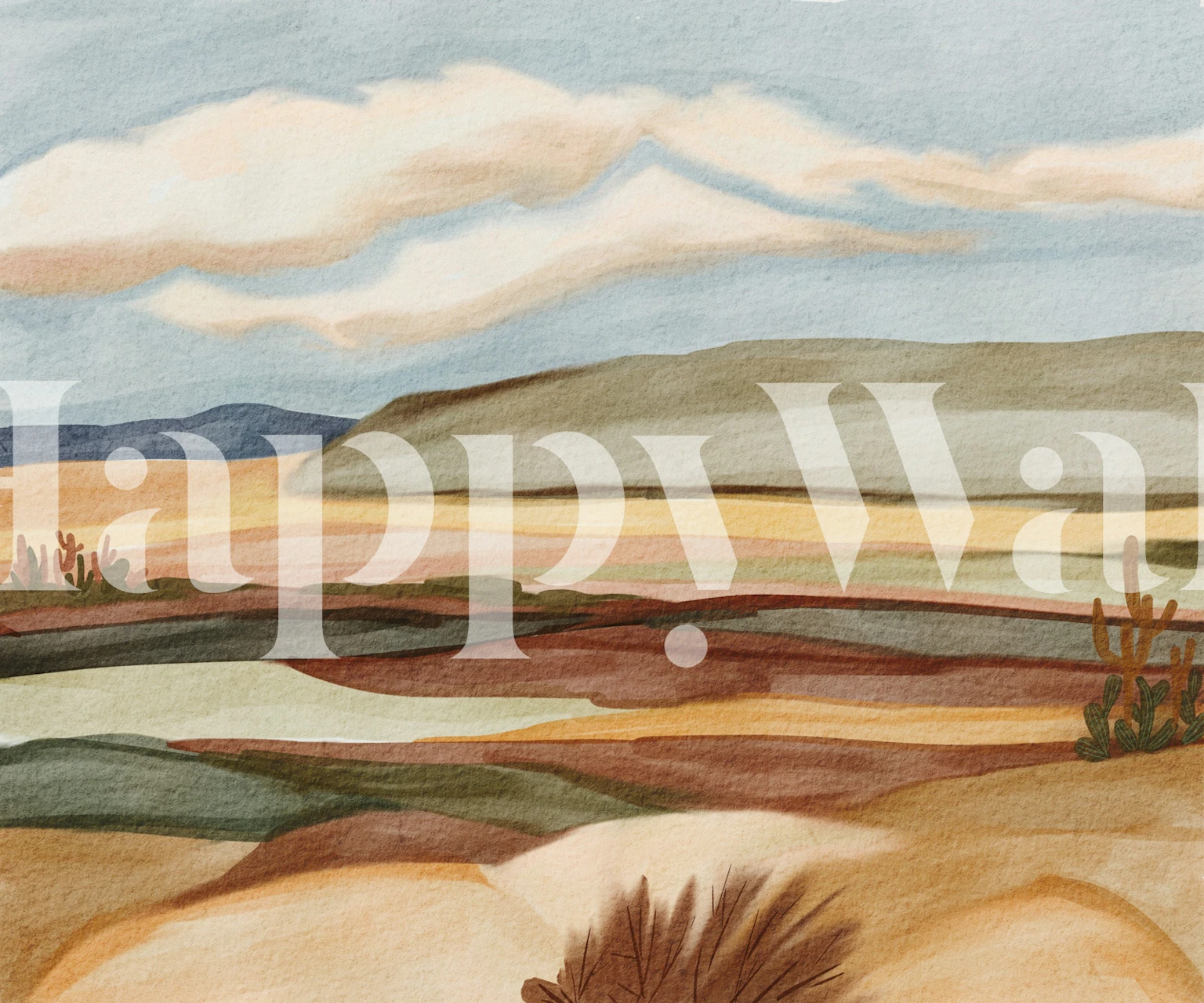 Scenic Southwestern landscape with earth tones and soft clouds wallpaper