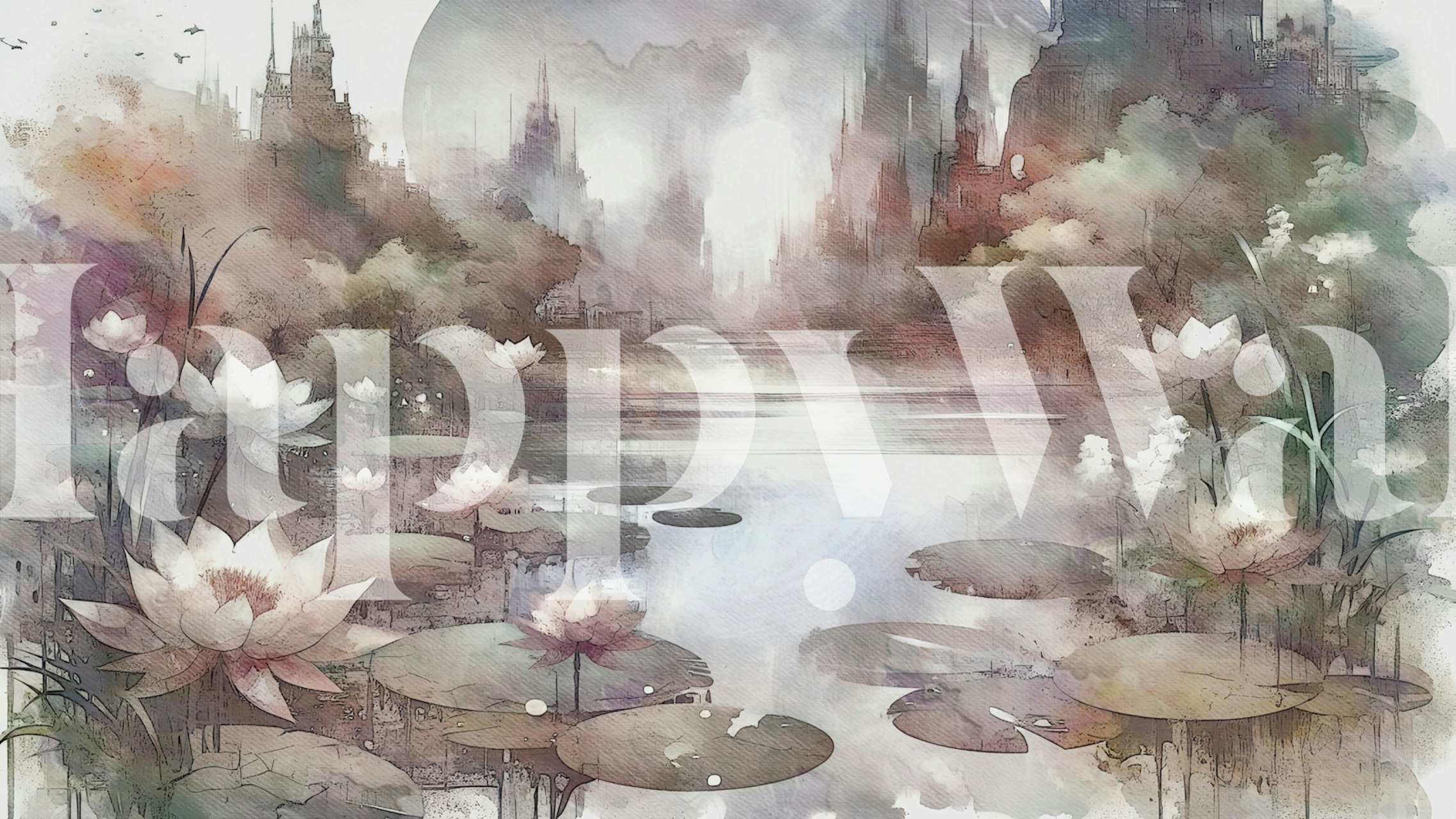 Design de papel de parede Mystic Lotus Lake em um cômodo