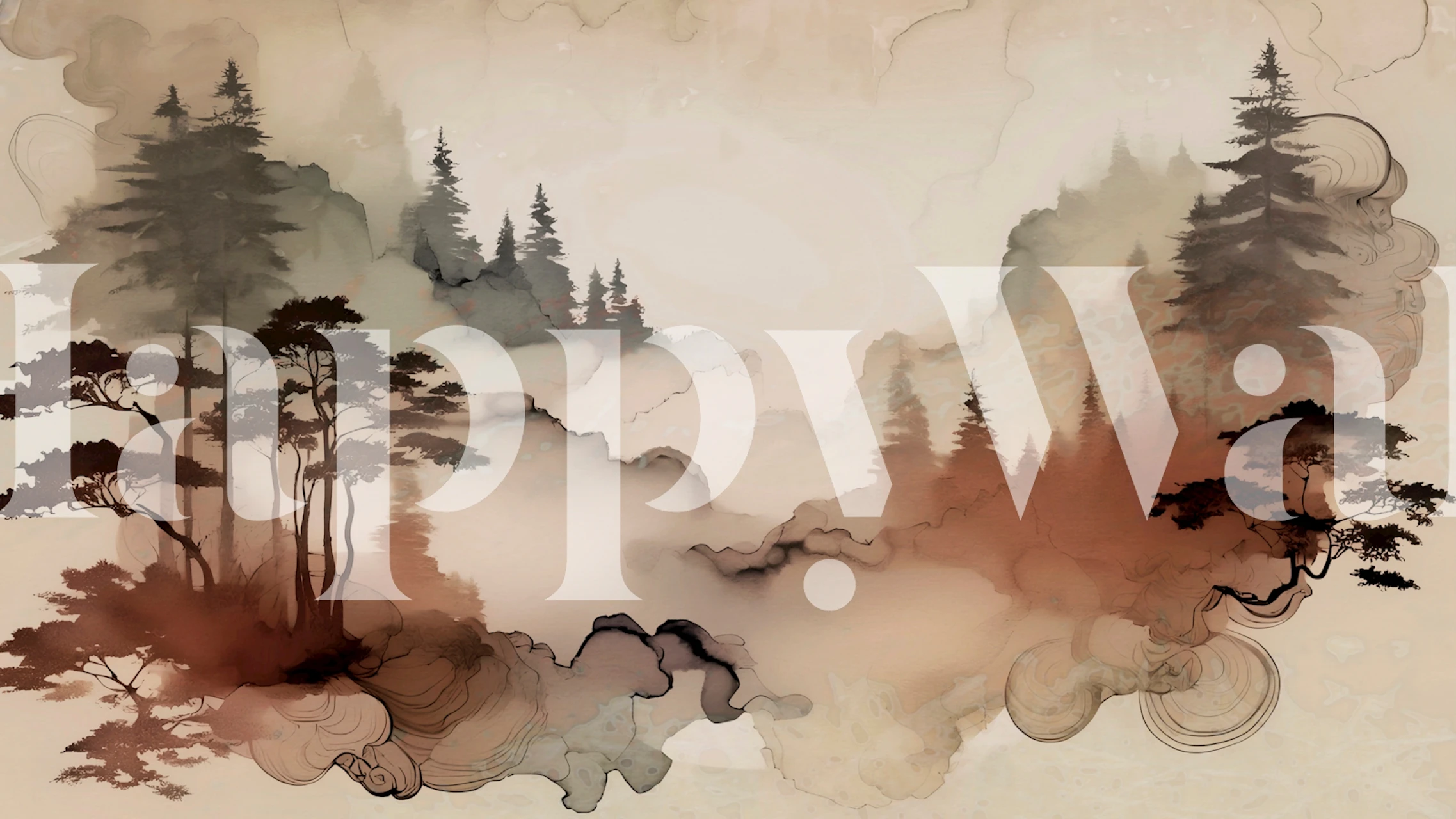 Watercolor landscape wallpaper featuring misty pines in earthy tones.