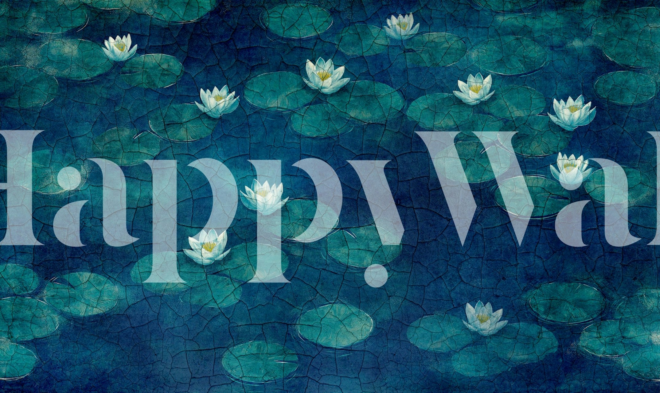 Dark blue wallpaper with white water lilies on lily pads