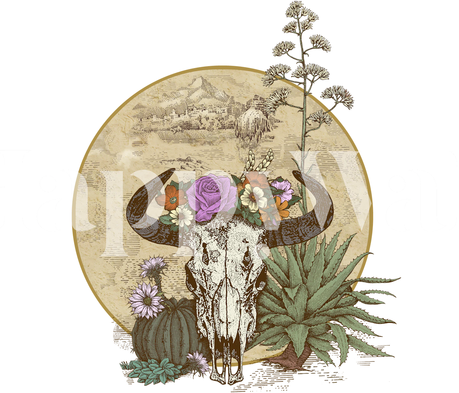 Skull with flowers and plants in front of a circular backdrop wallpaper