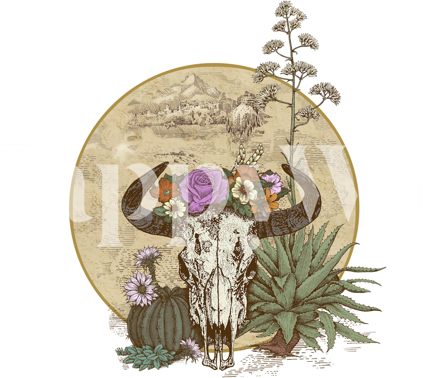 Skull with flowers and plants in front of a circular backdrop wallpaper