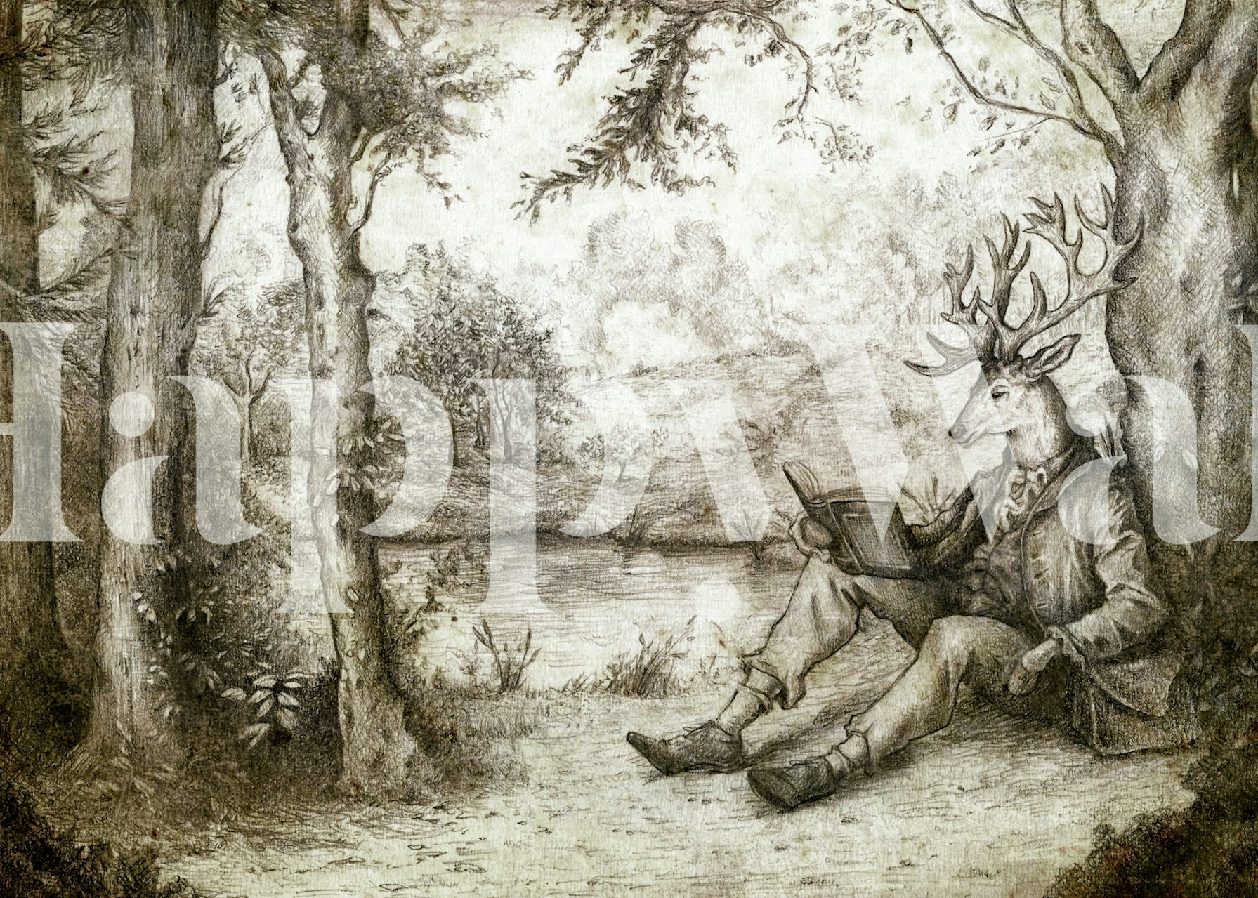 A deer reading by a pond with trees and mountains in gray tones wallpaper