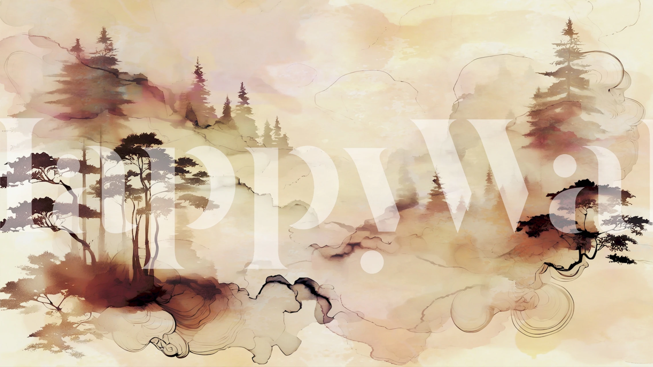 Abstract landscape with forest silhouettes in soft earthy colors wallpaper