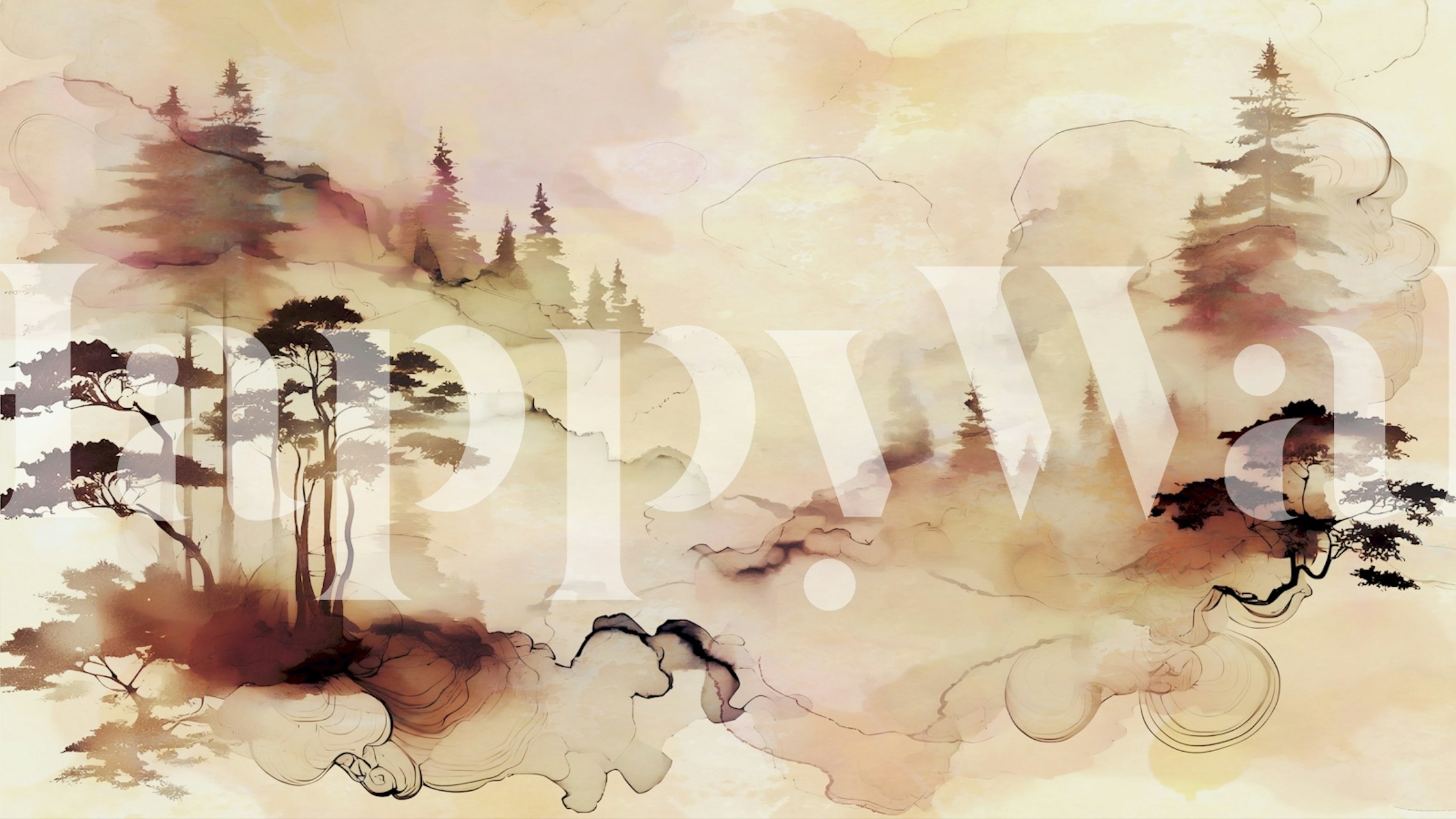 Abstract landscape with forest silhouettes in soft earthy colors wallpaper