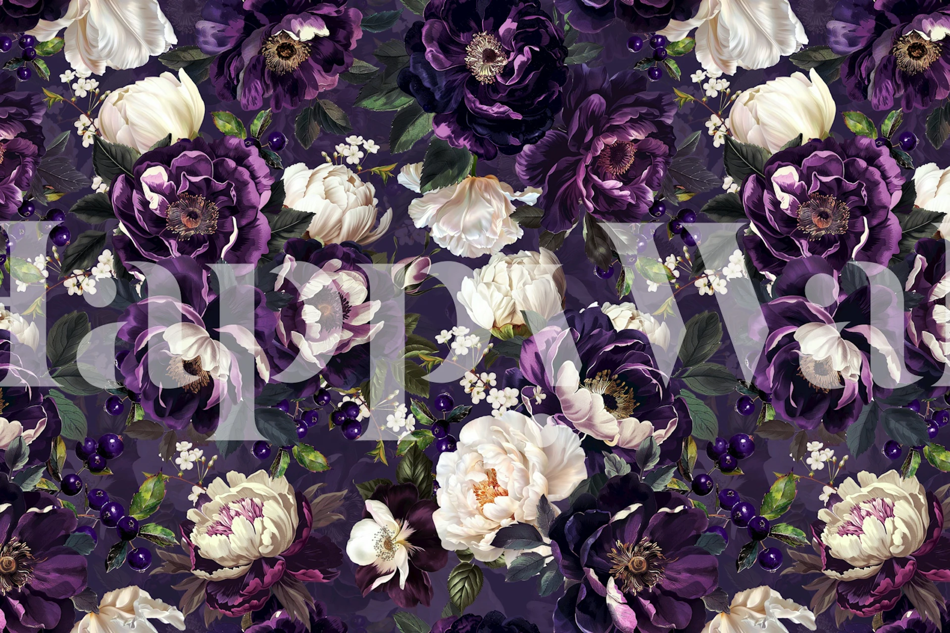 Purple floral wallpaper with peonies and leaves in baroque style