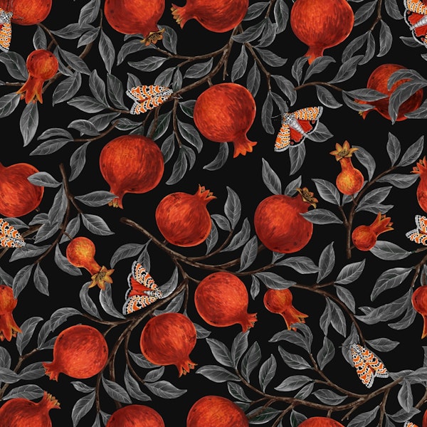 Pomegranates and Bella Moths in red and gray