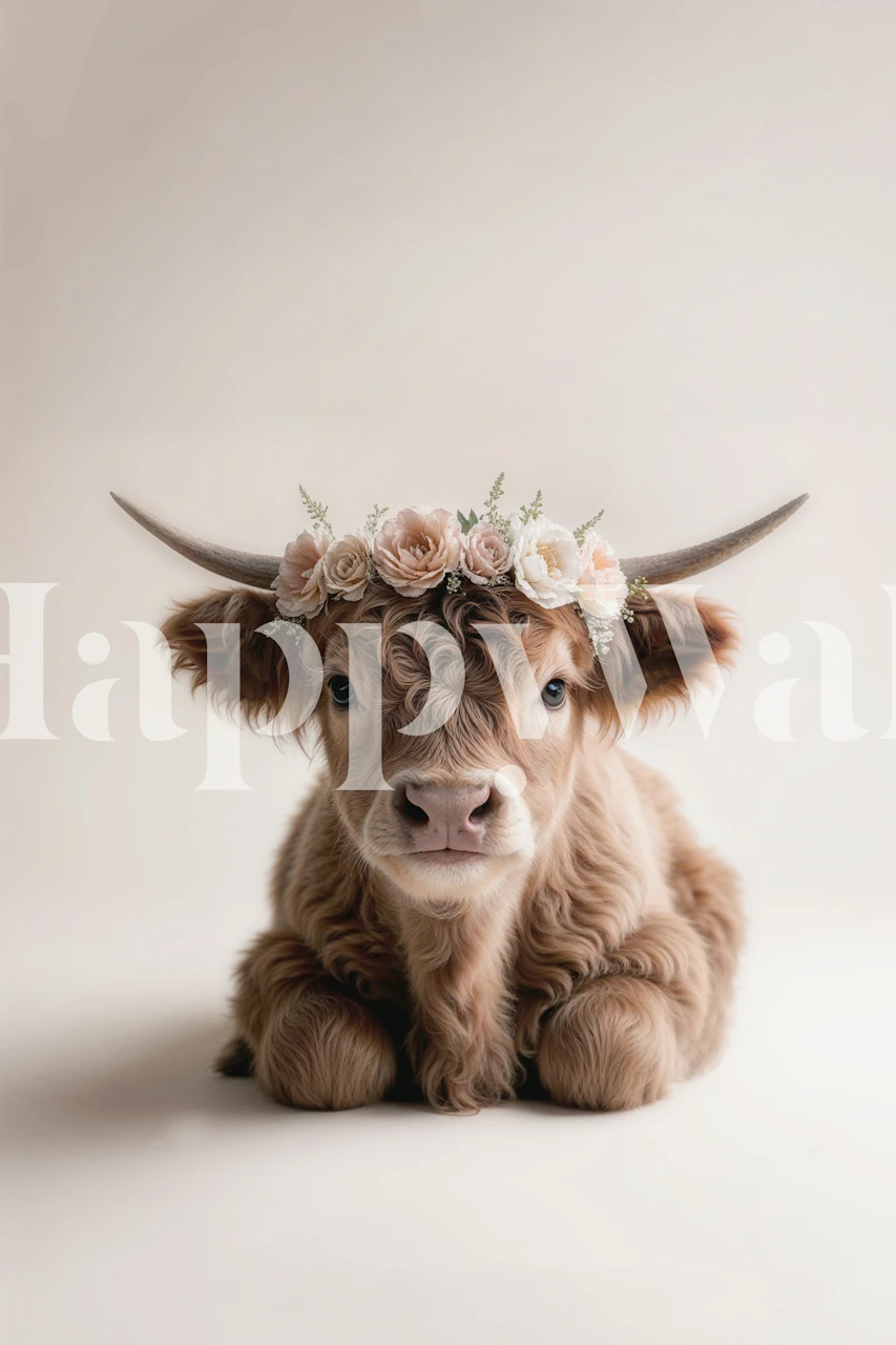 Highland cow with floral crown wallpaper