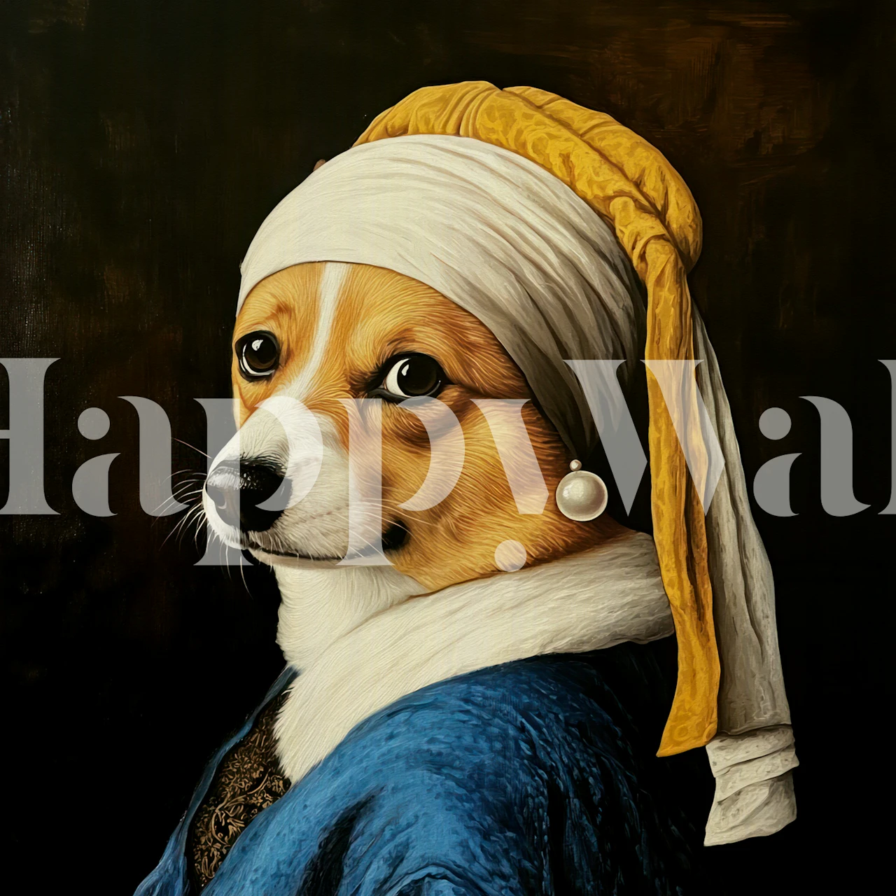 Corgi with pearl earring wallpaper in room
