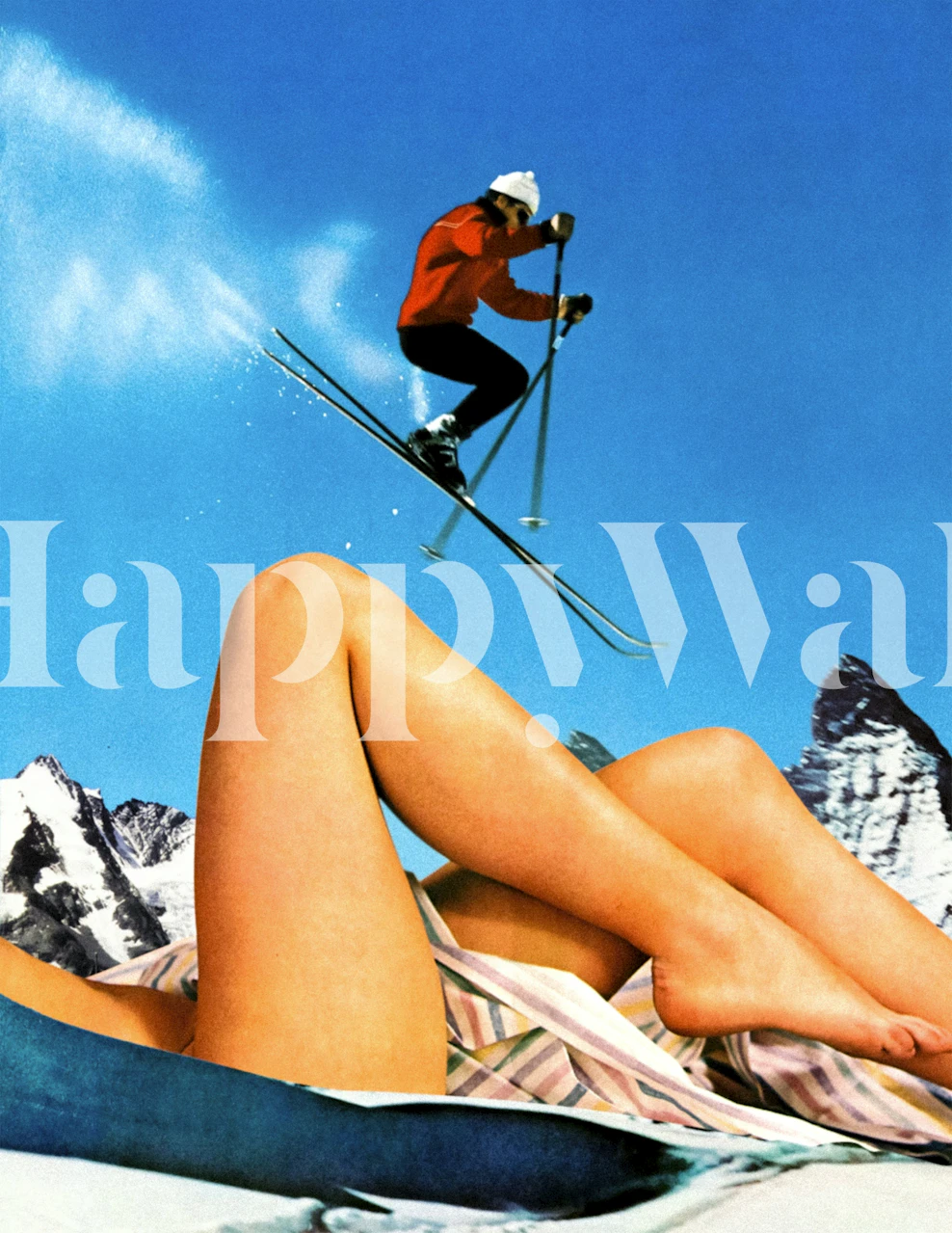 Ski jumper in red outfit above snowy mountains and a woman's legs wallpaper