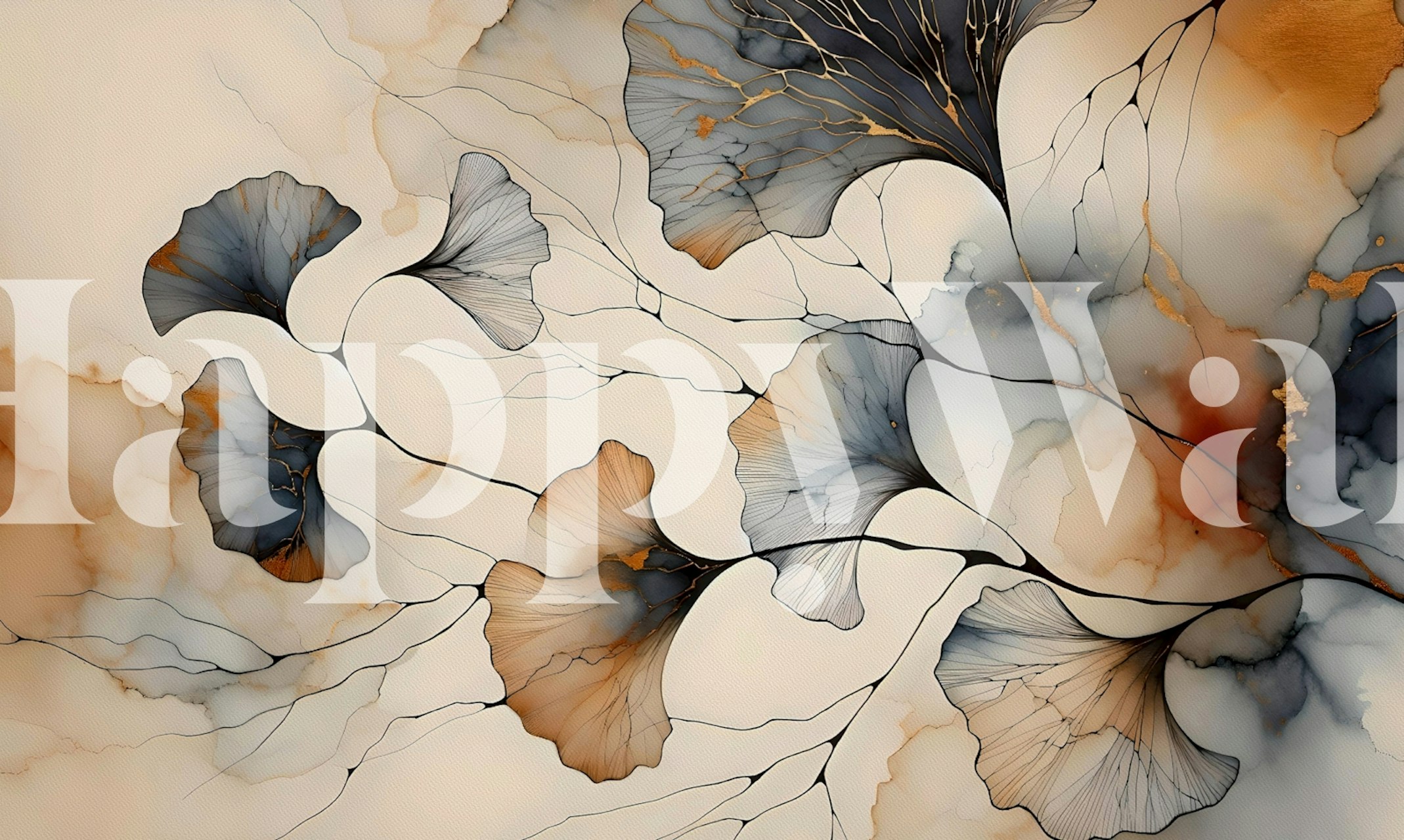 Ginkgo leaves in gold and blue on beige background wallpaper