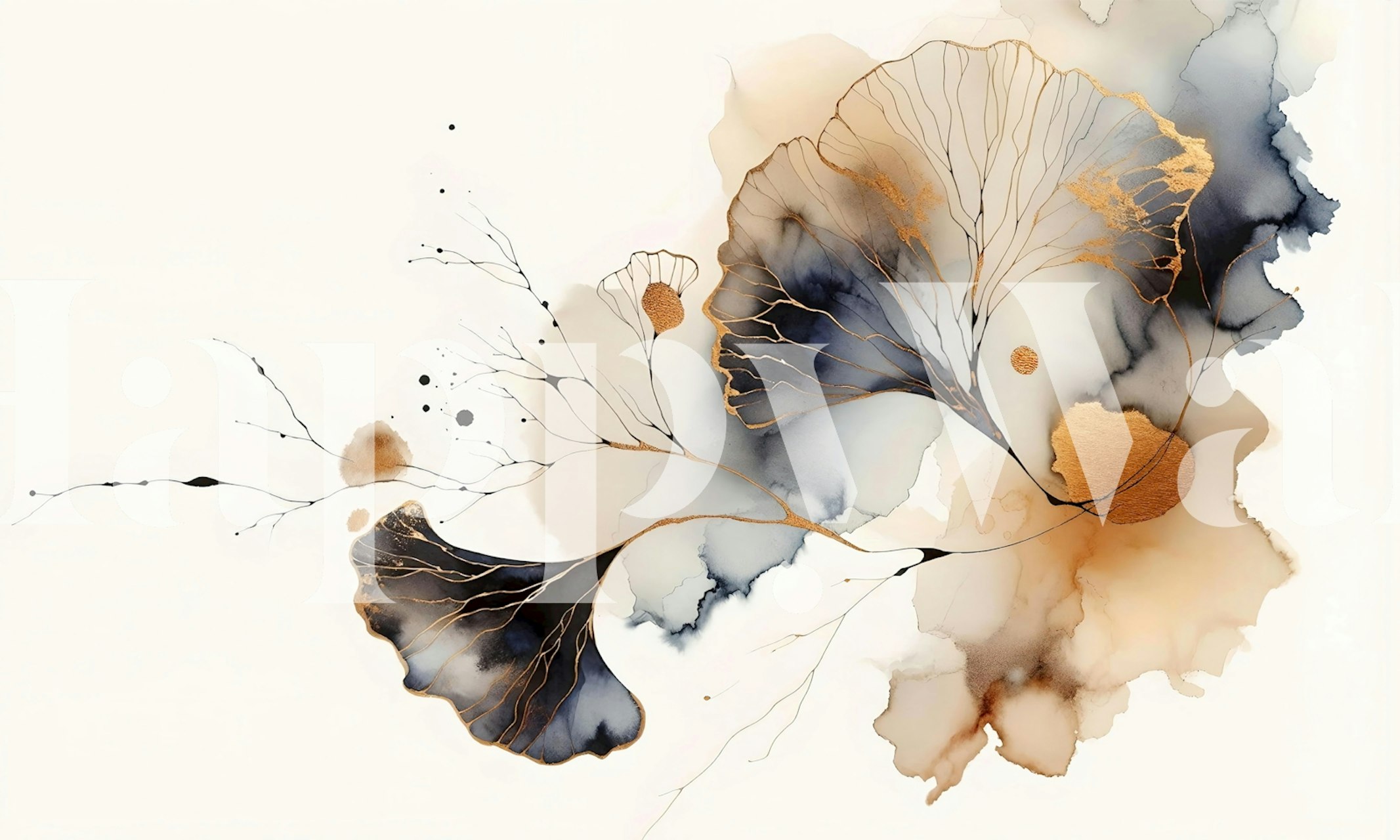 Ginkgo leaves in gold and blue hues on beige background wallpaper