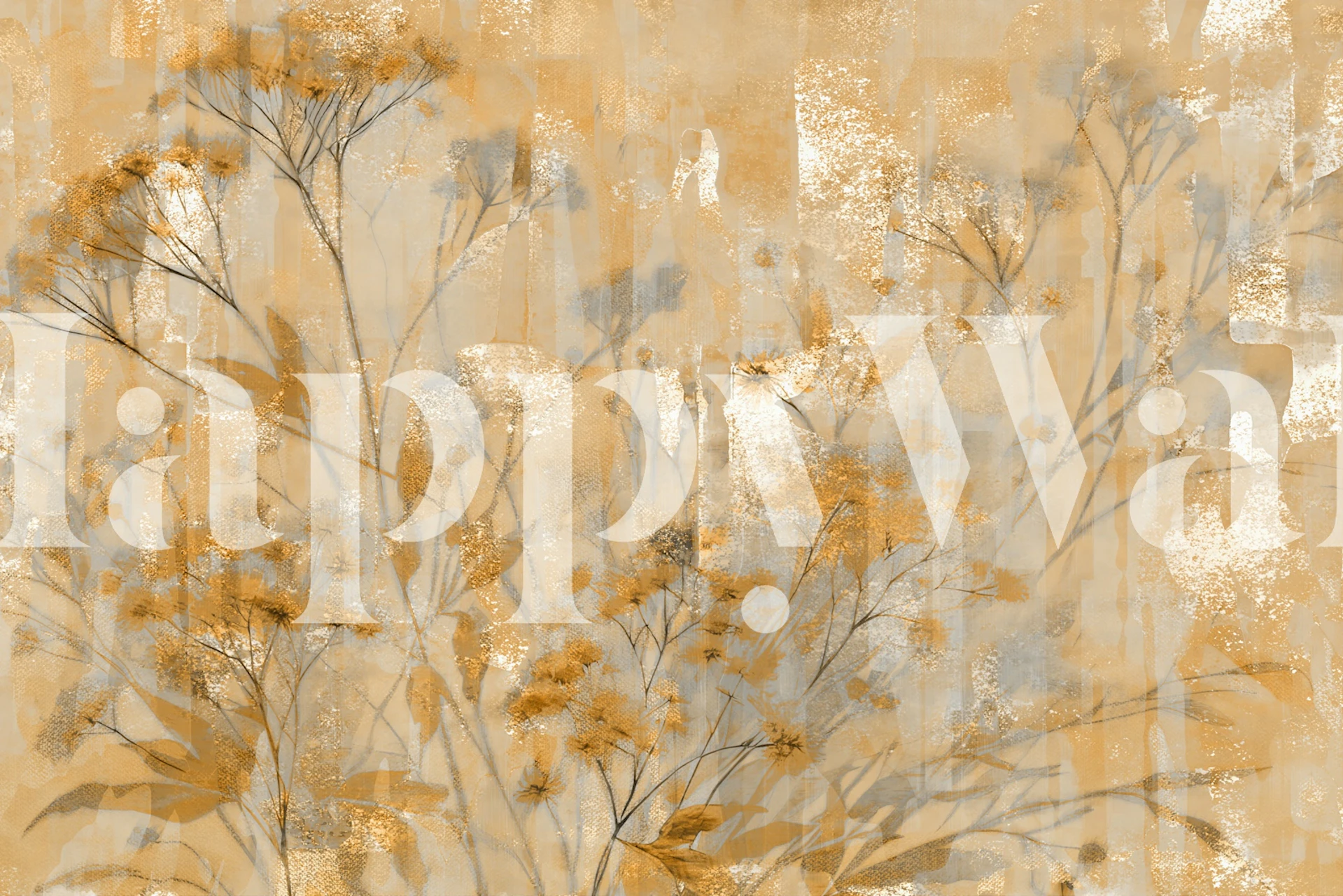 Boho Golden Herbarium tapetai smėlio spalvos kambaryje