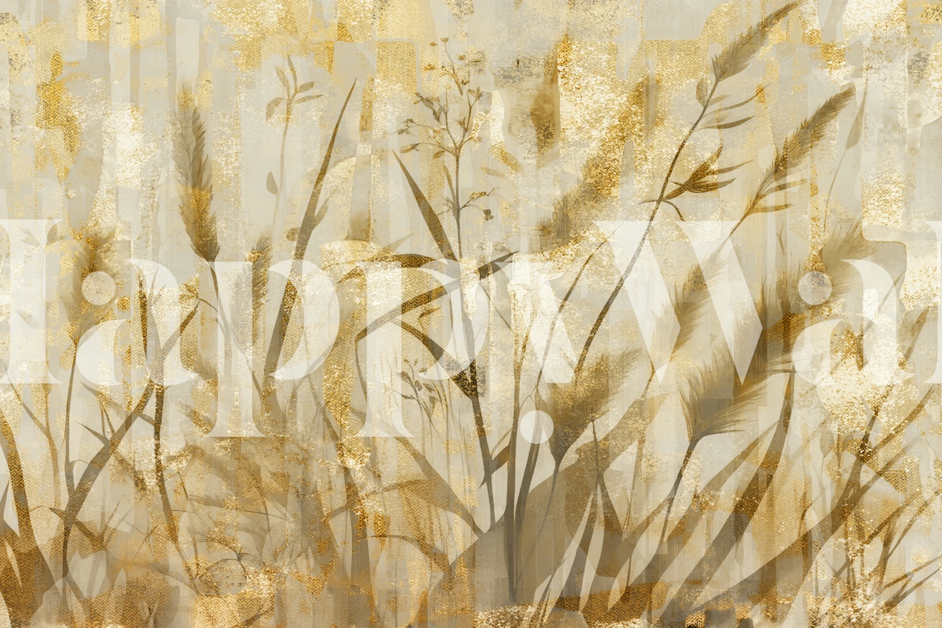 Silhouette of flowers and grasses in gold tones wallpaper