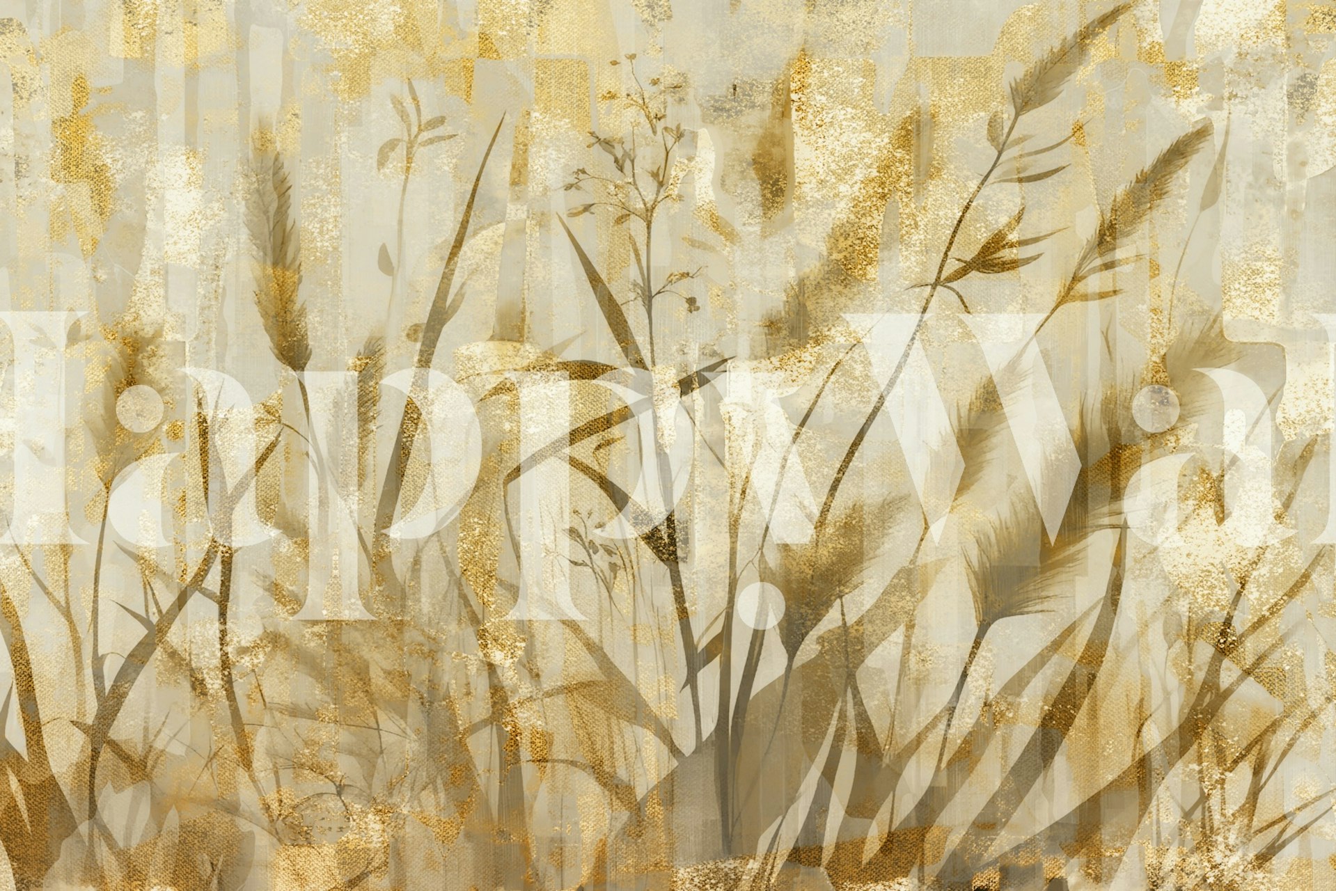 Silhouette of flowers and grasses in gold tones wallpaper